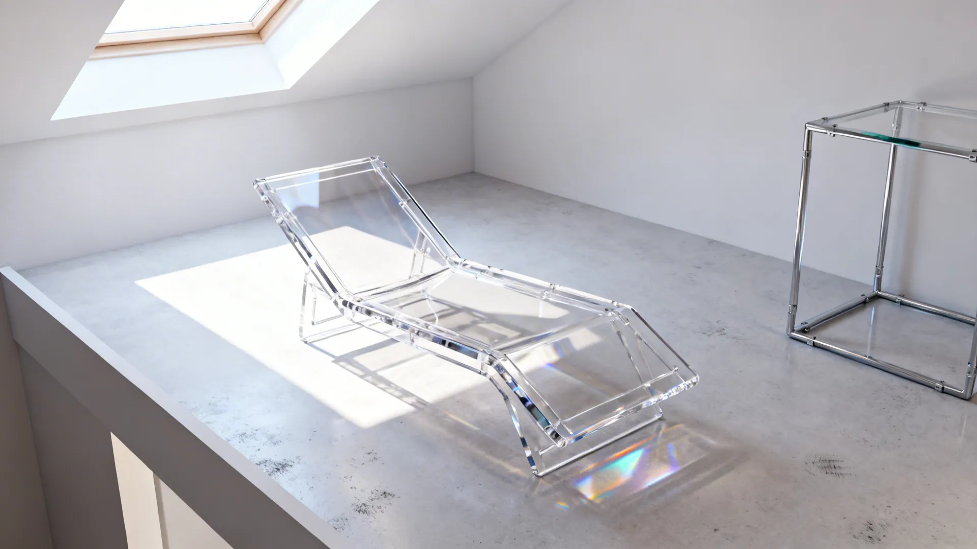 Transparent acrylic lounge chair in a tiny loft preserving sightlines and visual space.