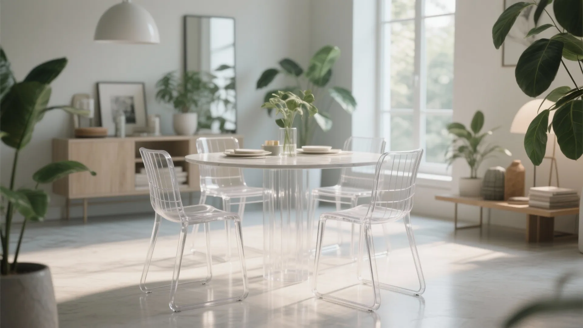 Modern dining room with round white table, clear plastic chairs, green plants, and natural sunlight