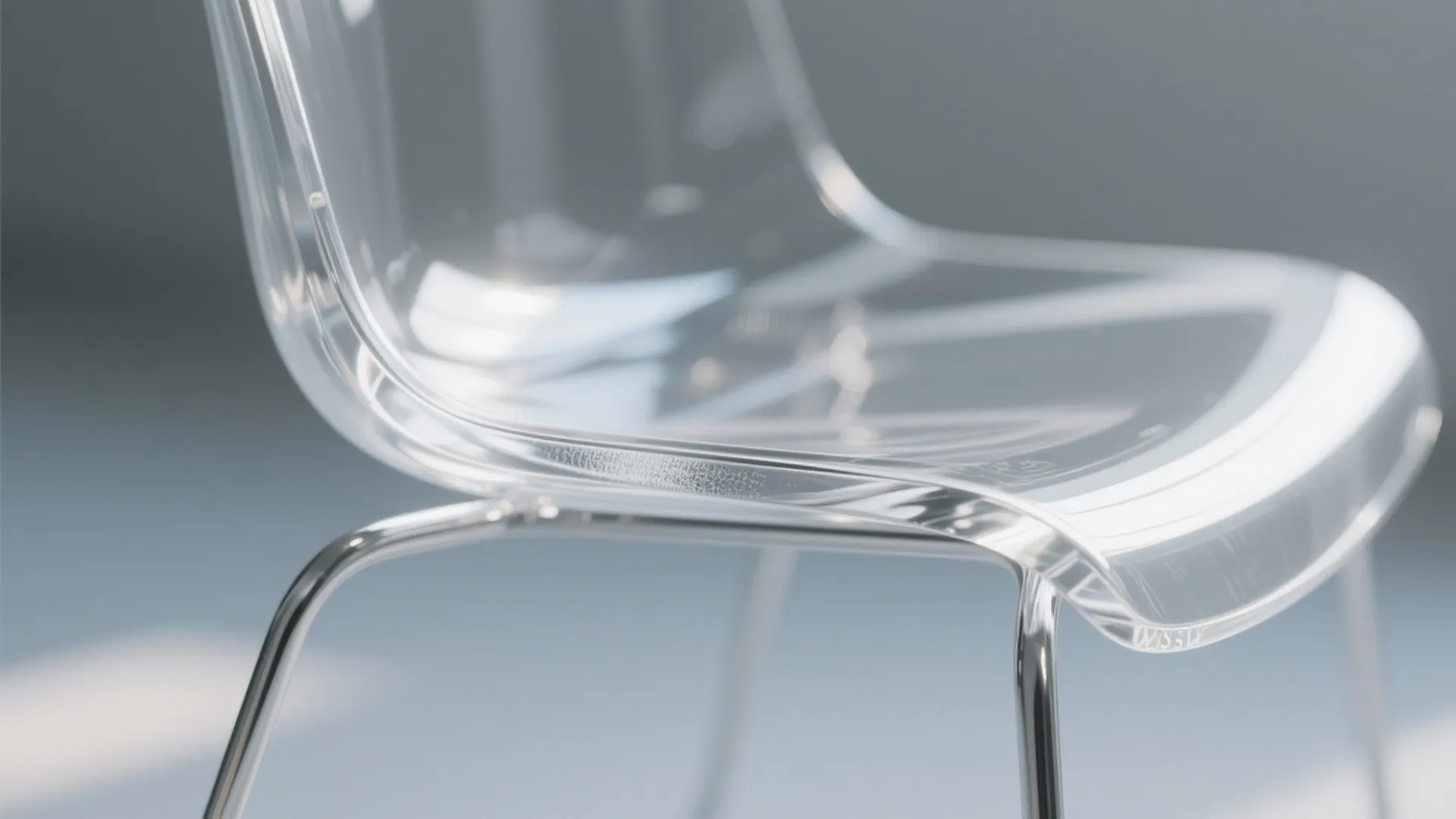 Close-up of a clear plastic chair with metal legs showing modern minimalist home furniture design