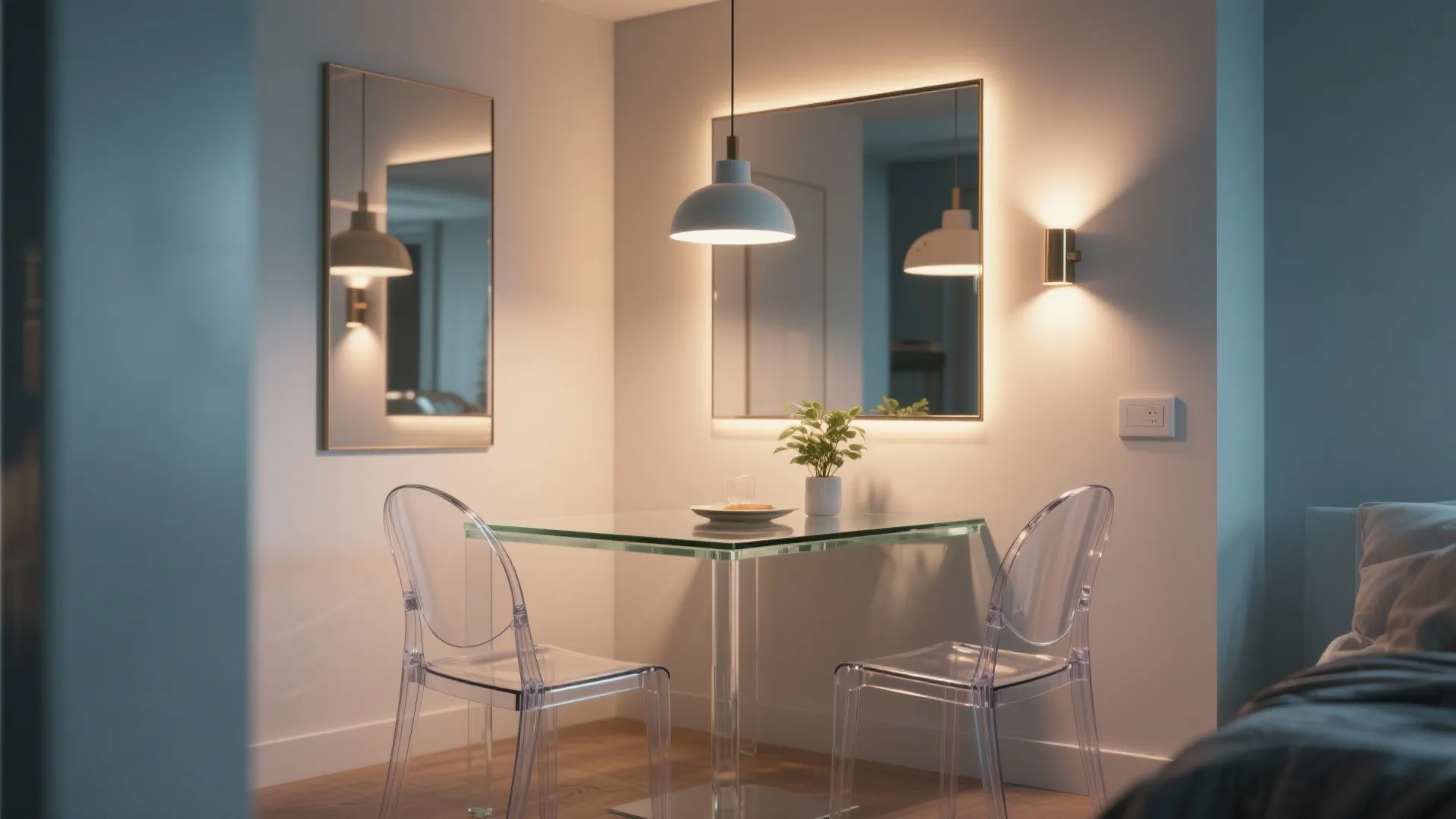 Modern dining area with transparent chairs a glass table and a hanging white ceiling light