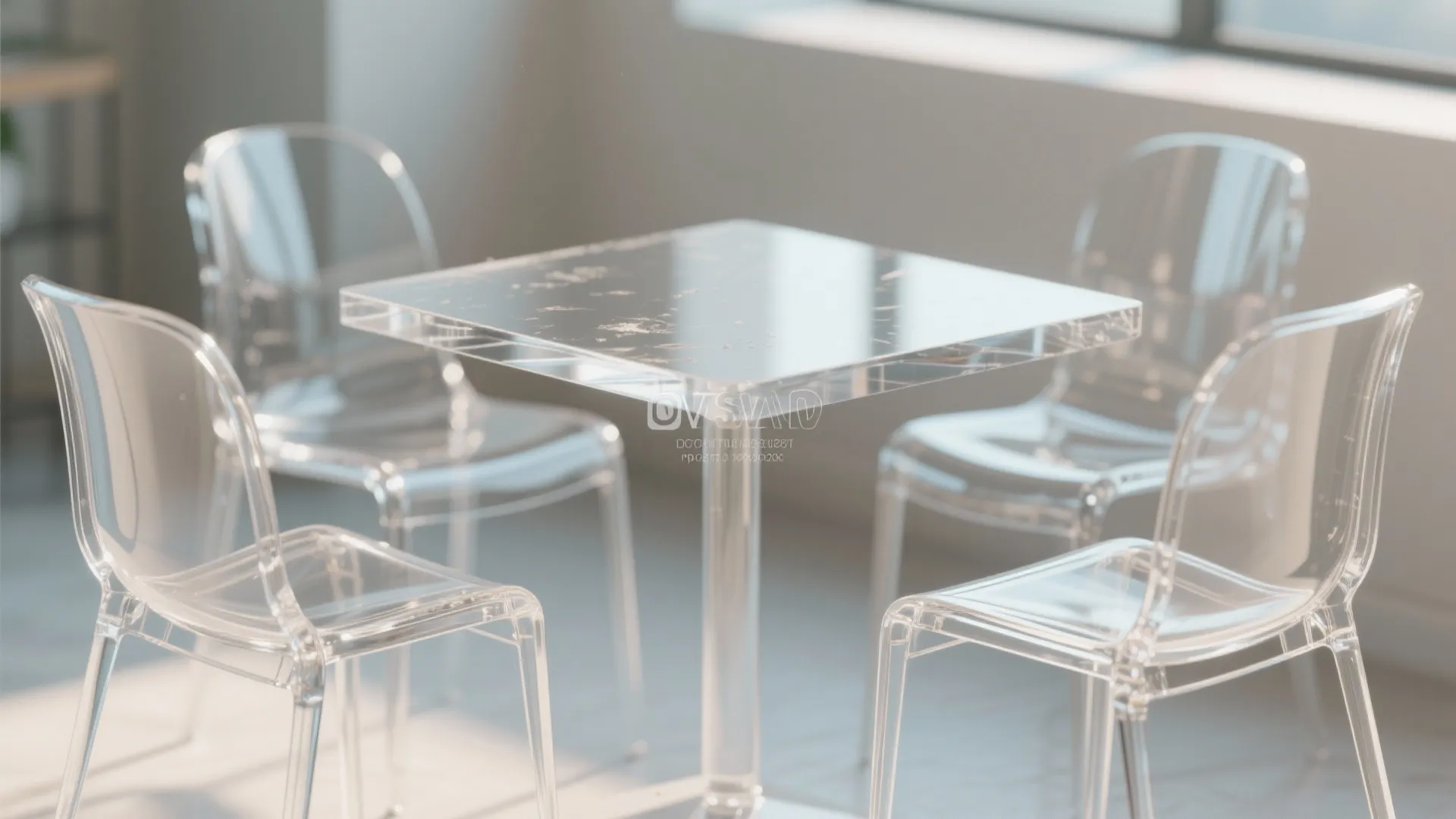 Minimalist clear plastic dining table set with four transparent chairs in a bright sunny room