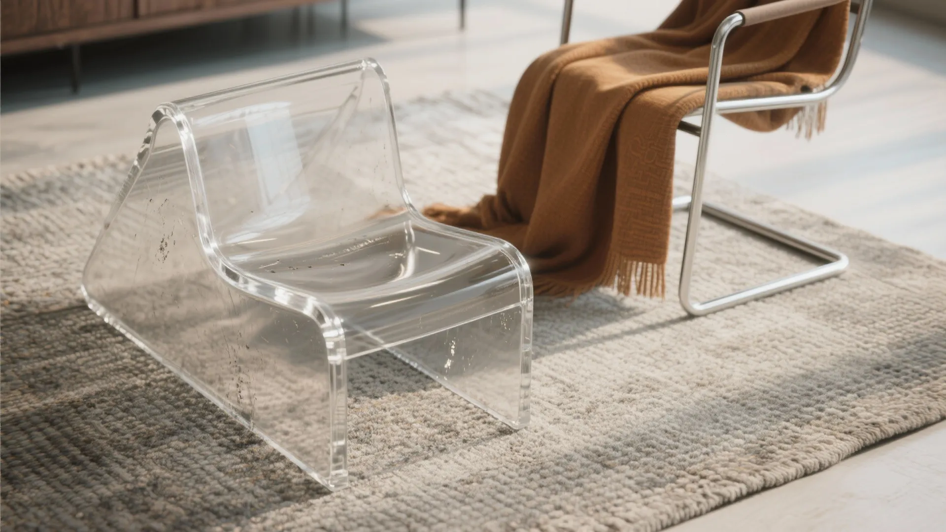 Close-up of a clear acrylic and thin metal-frame armless chair showing translucency and texture.