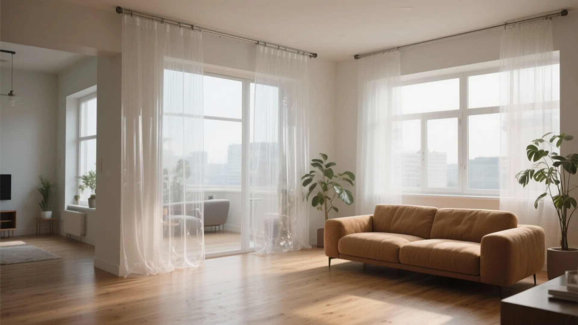 Modern bright living room with tan sofa white sheer curtains wooden floor and green potted plants