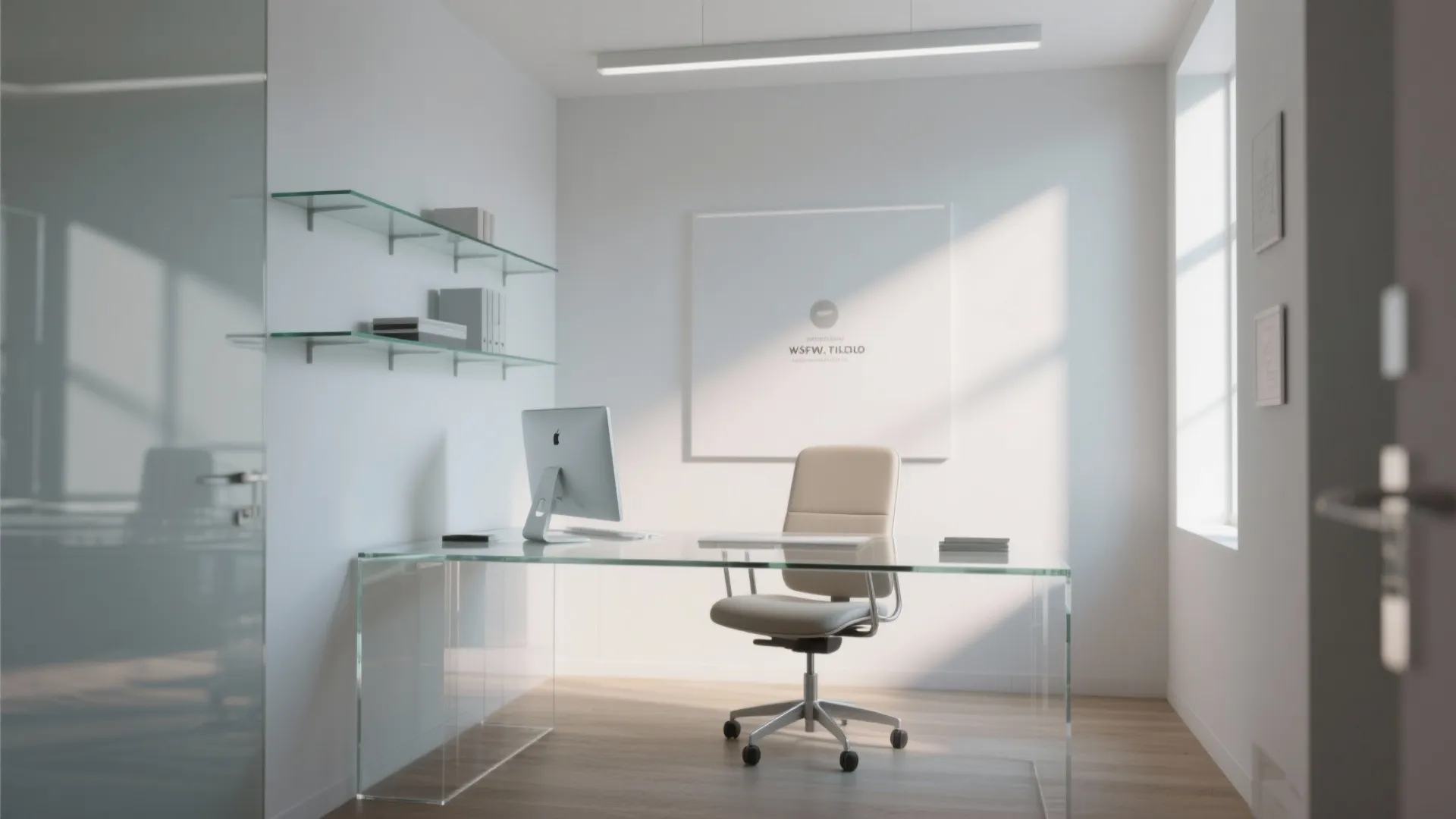 Minimalist home office featuring a glass desk with computer chair white walls and natural light