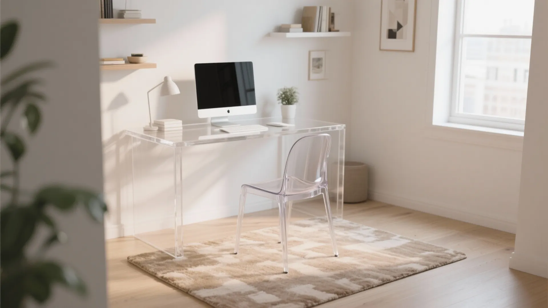 Modern bright home office with transparent desk and chair set on a patterned beige rug