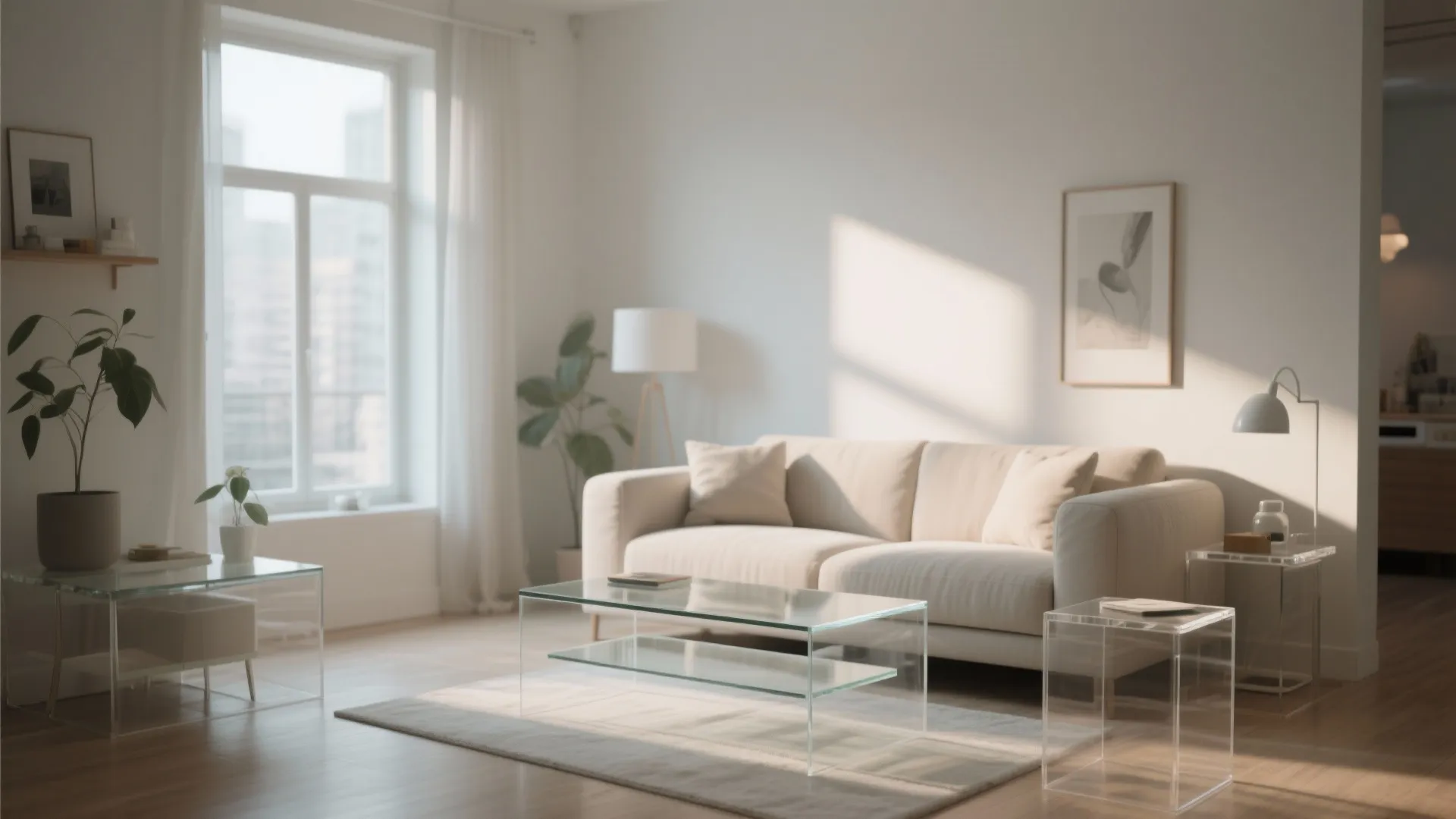 Glass coffee table making small living room feel larger