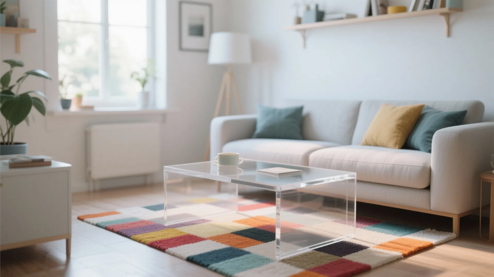 Clear acrylic coffee table above a colorful rug in a small living room