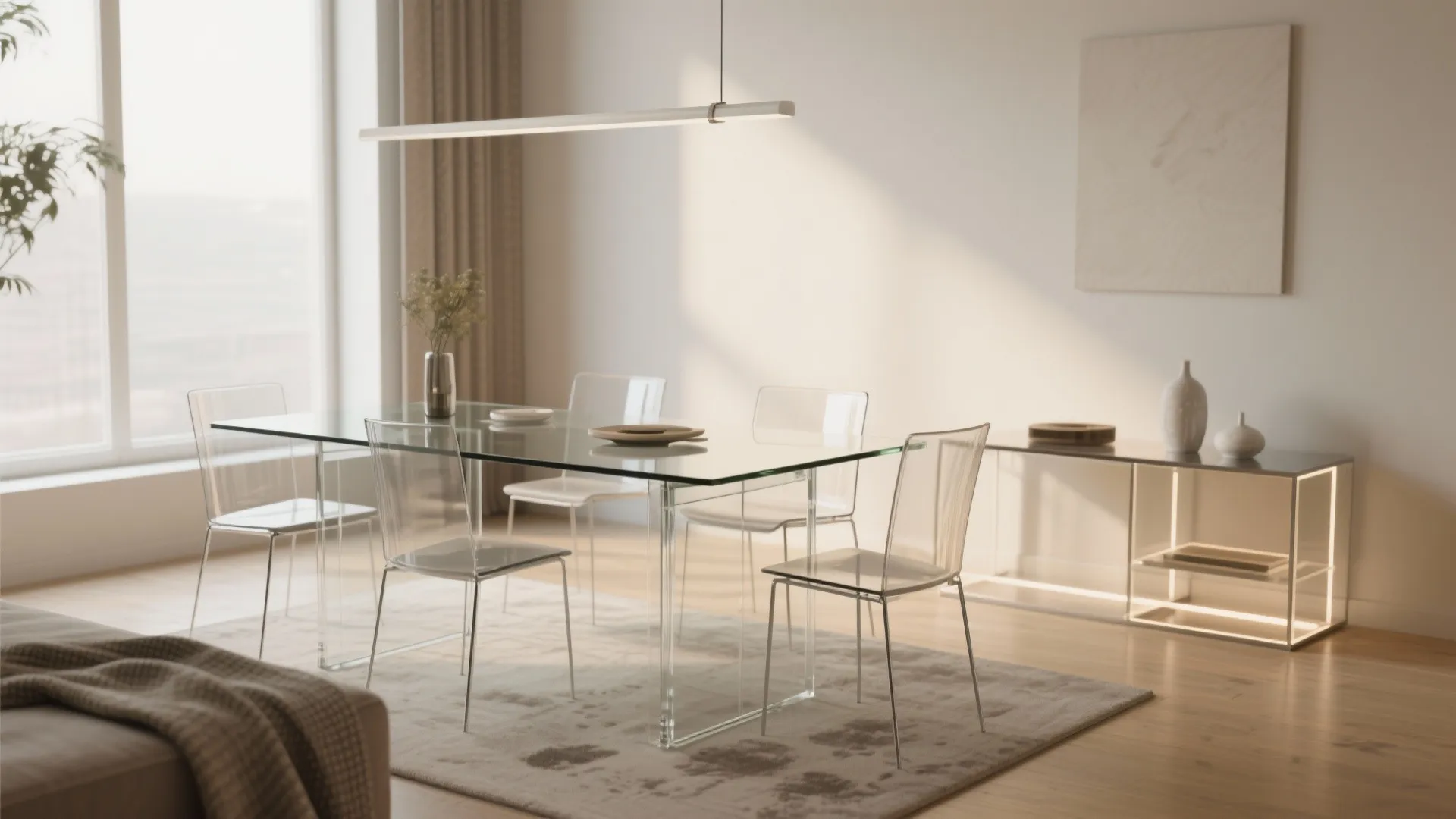 Minimalist dining area with clear glass table transparent chairs long white light and neutral rug