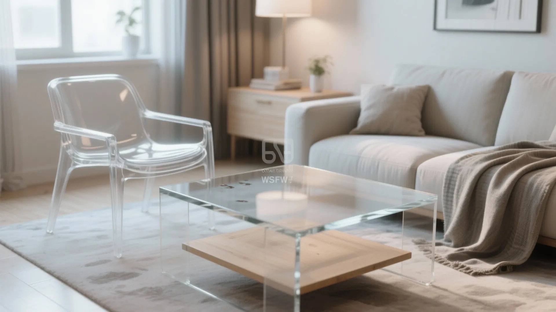 Modern living room featuring a clear plastic chair glass coffee table beige sofa and carpet