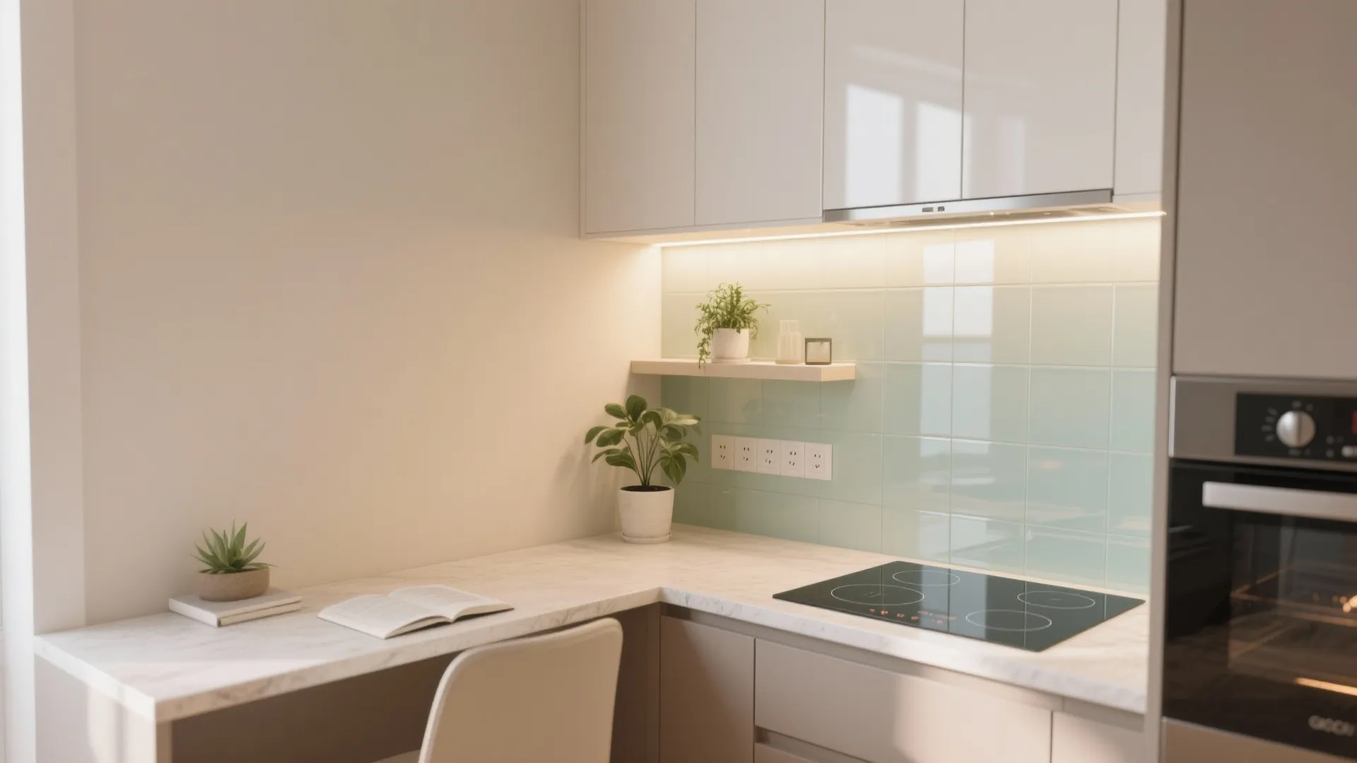 Modern kitchen with white cabinets light green tile wall electric stove plants and a book