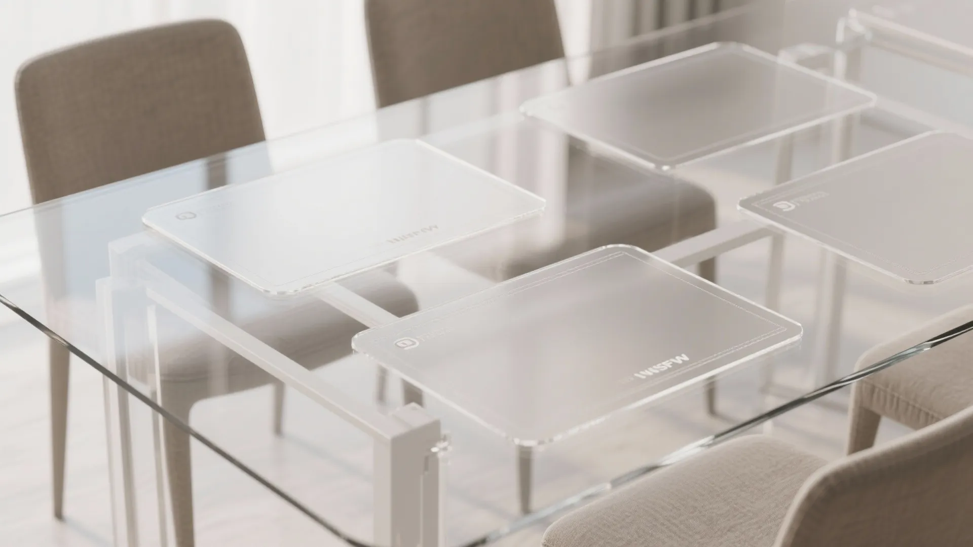 Close up of clear glass dining table with transparent placemats and minimalist grey fabric chairs