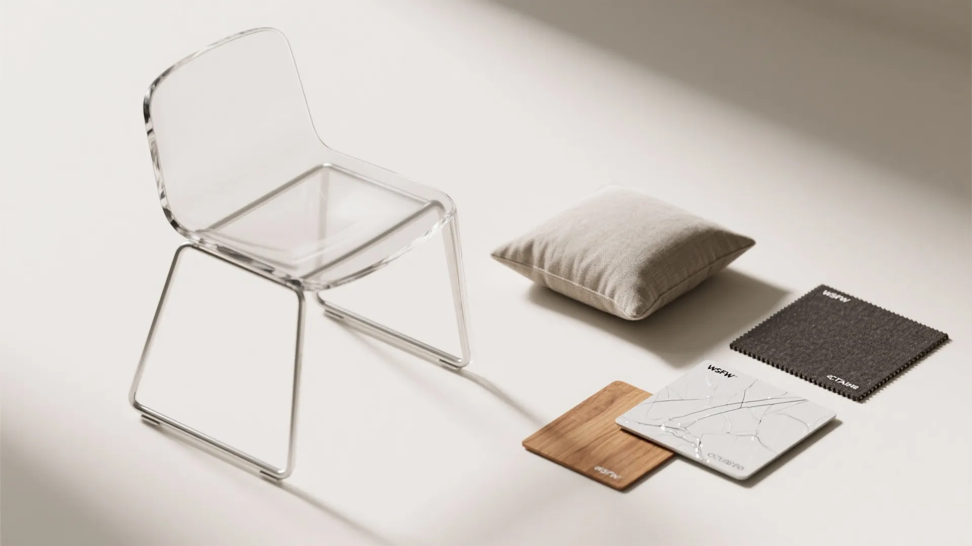 Transparent plastic chair next to a grey pillow fabric swatches and wood material sample tiles
