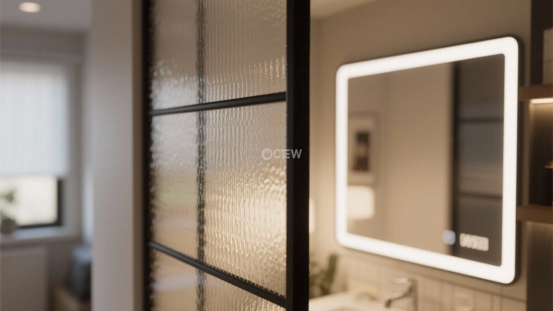 Textured glass screen in bathroom with lighted mirror above white sink and chrome water faucet