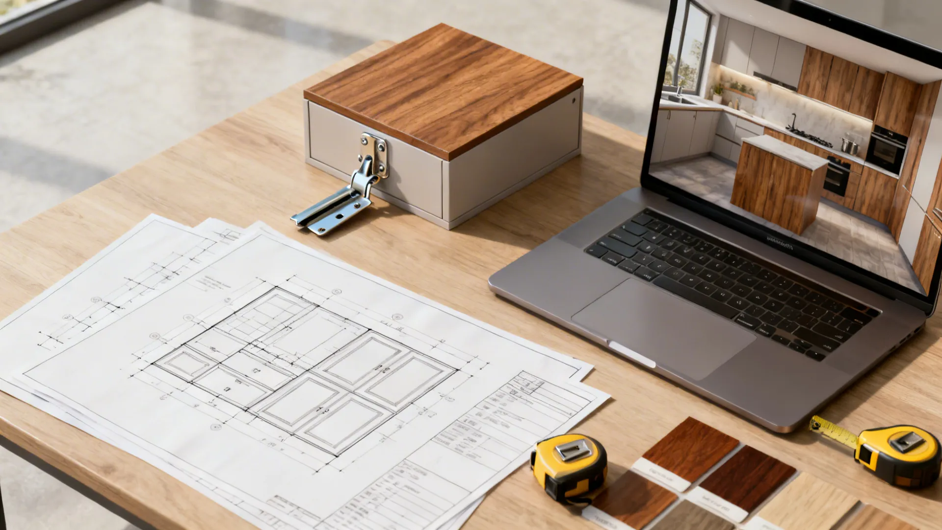 Interior design workspace with laptop showing 3D kitchen, floor plan drawing, wood samples, and tools