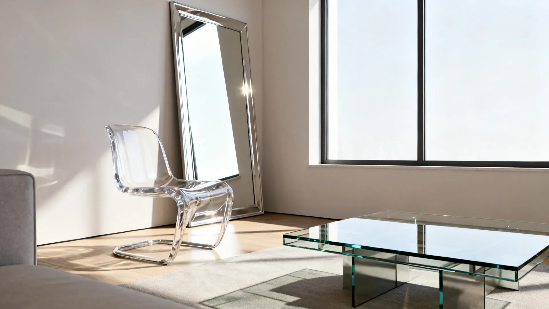 Acrylic chair, glass table, and mirror creating an airy, light-filled corner in a small living room.