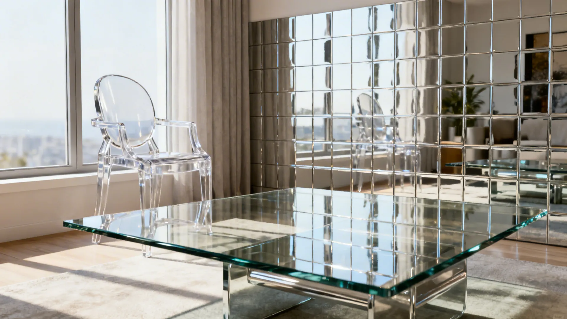 Modern living room with transparent plastic chair glass coffee table and reflective mirror tiled wall