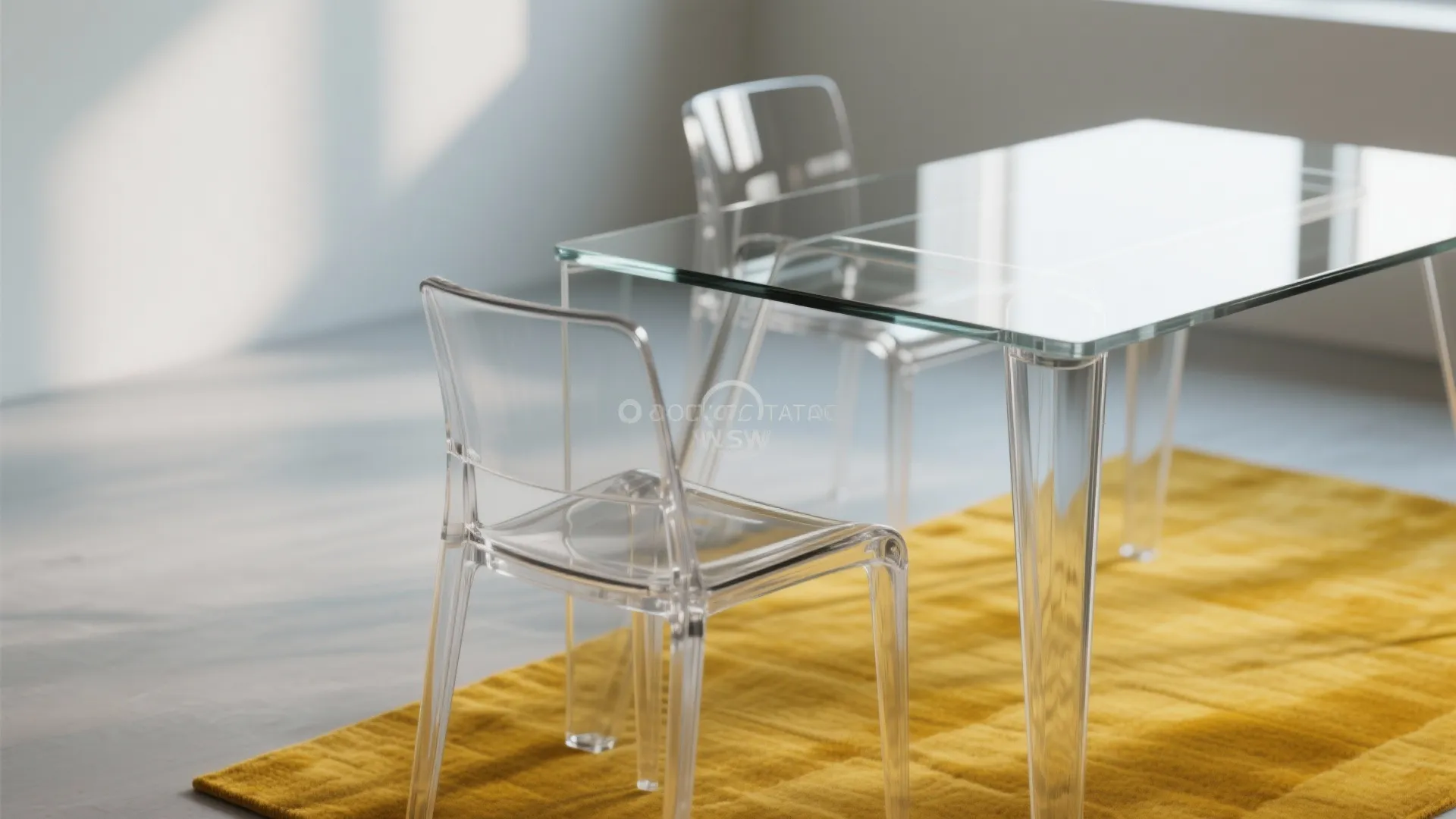 Transparent plastic chairs and glass dining table on a yellow rug with soft morning natural light