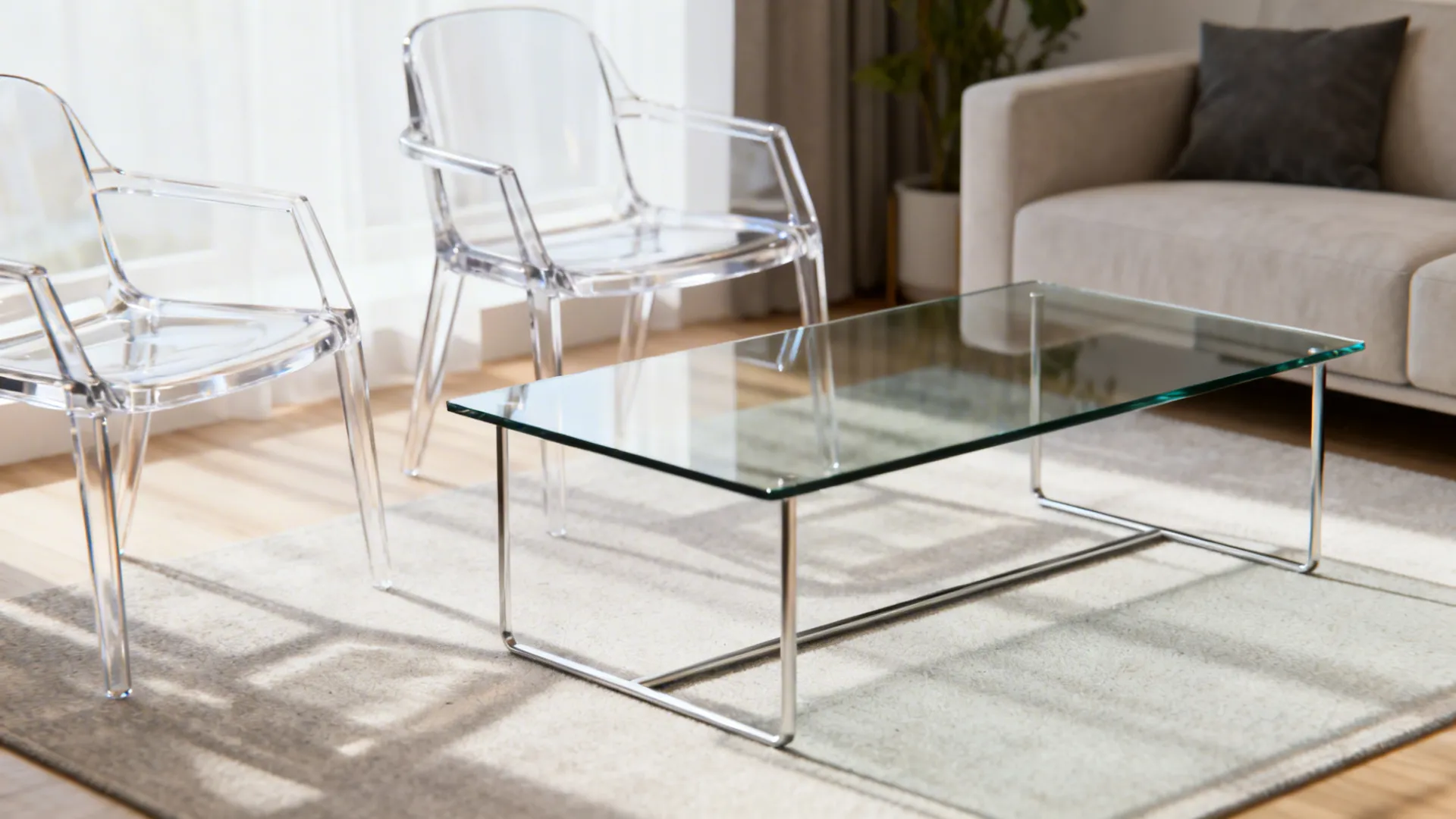 Clear acrylic chairs and a tempered glass coffee table with slim metal frame in a small living room.