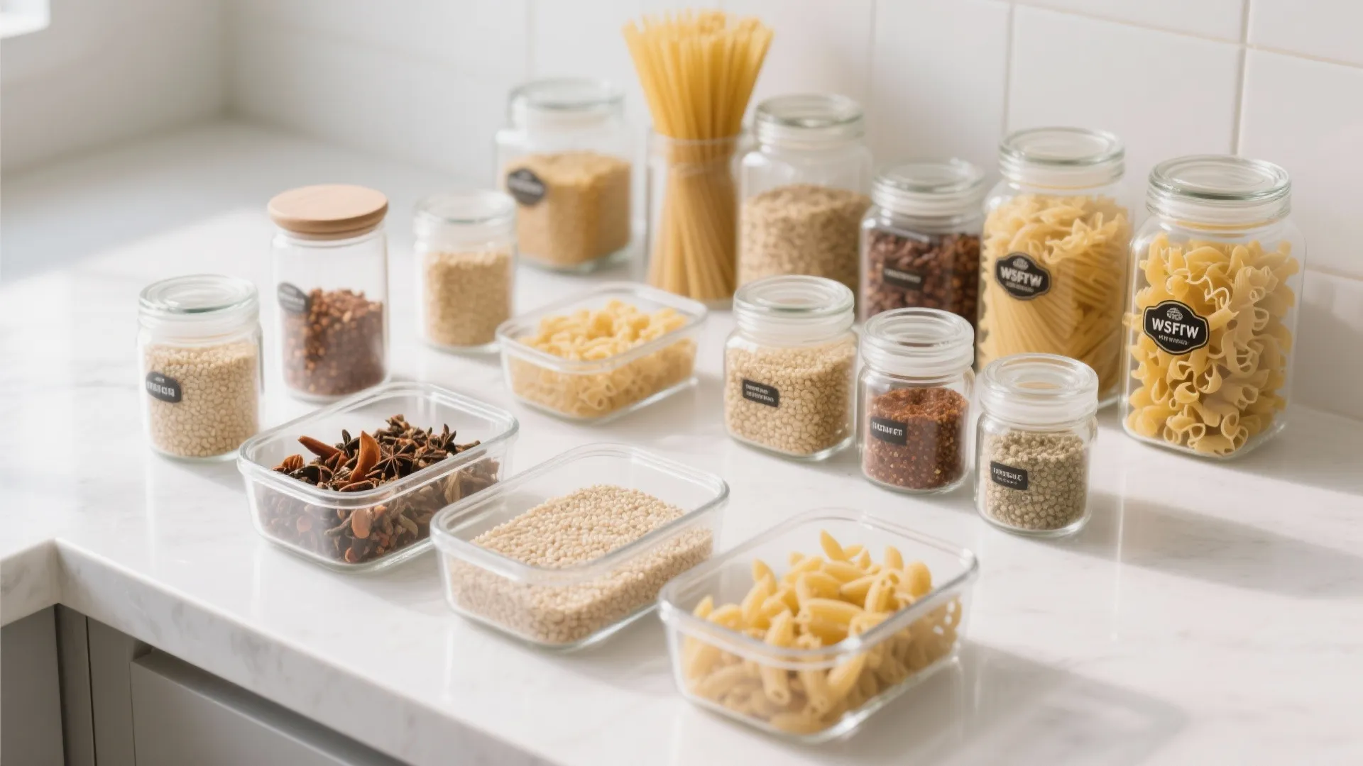 Various clear glass storage jars and containers filled with pasta and grains on kitchen counter