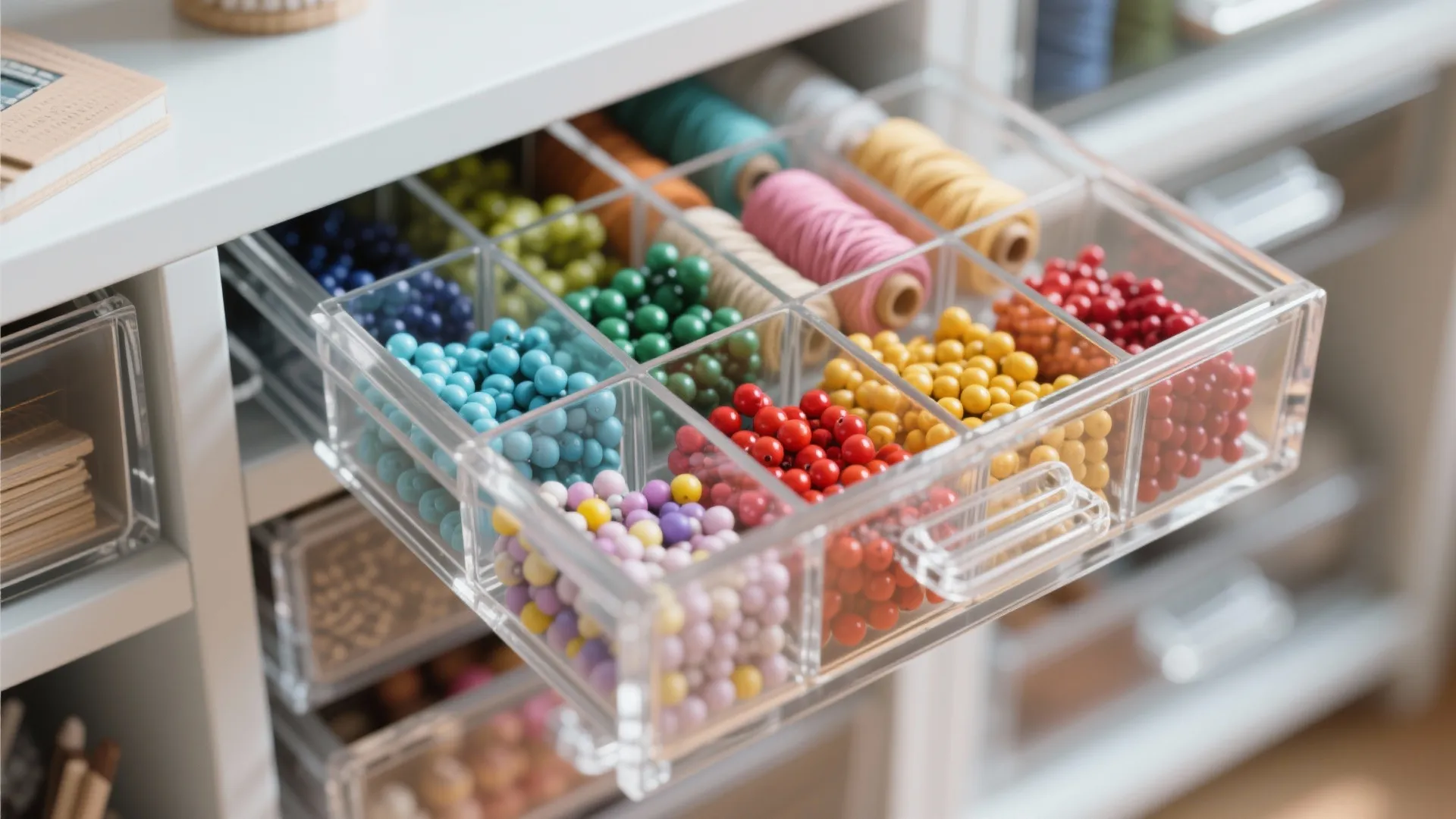Clear plastic storage drawers filled with colorful beads and small craft items inside white cabinet