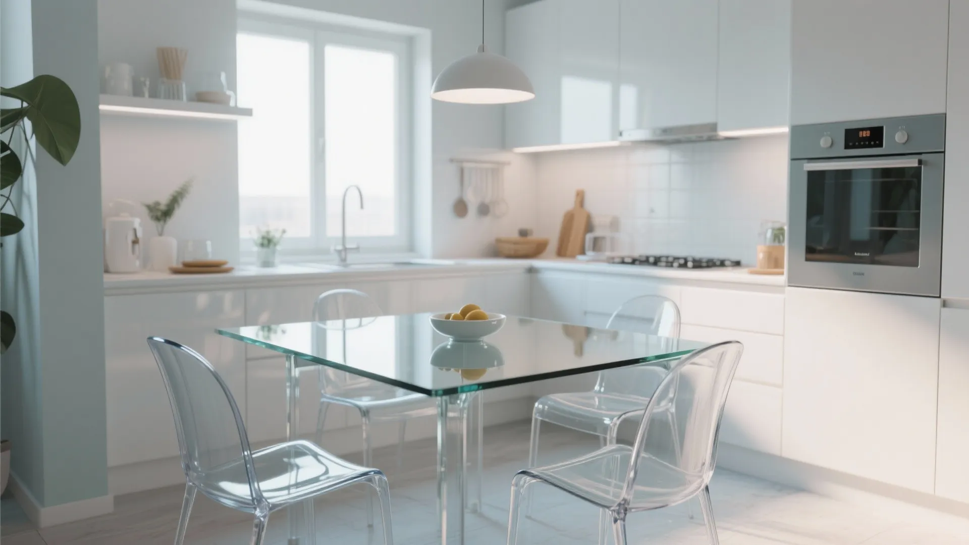Modern white kitchen with glass dining table, four clear chairs, silver oven, and ceiling light