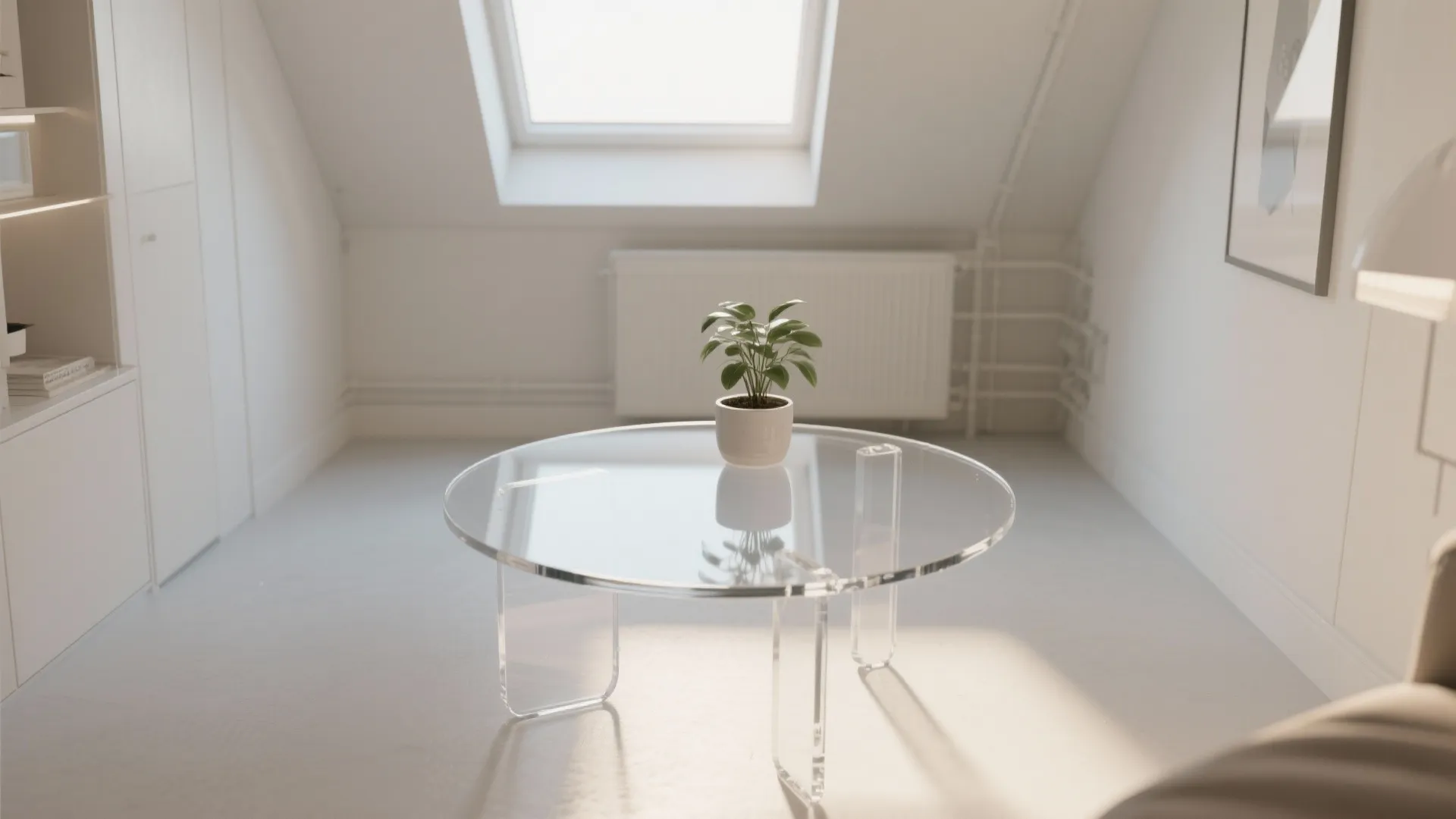 Tiny loft with clear acrylic and rounded tempered glass coffee tables that keep sightlines open and the space airy.