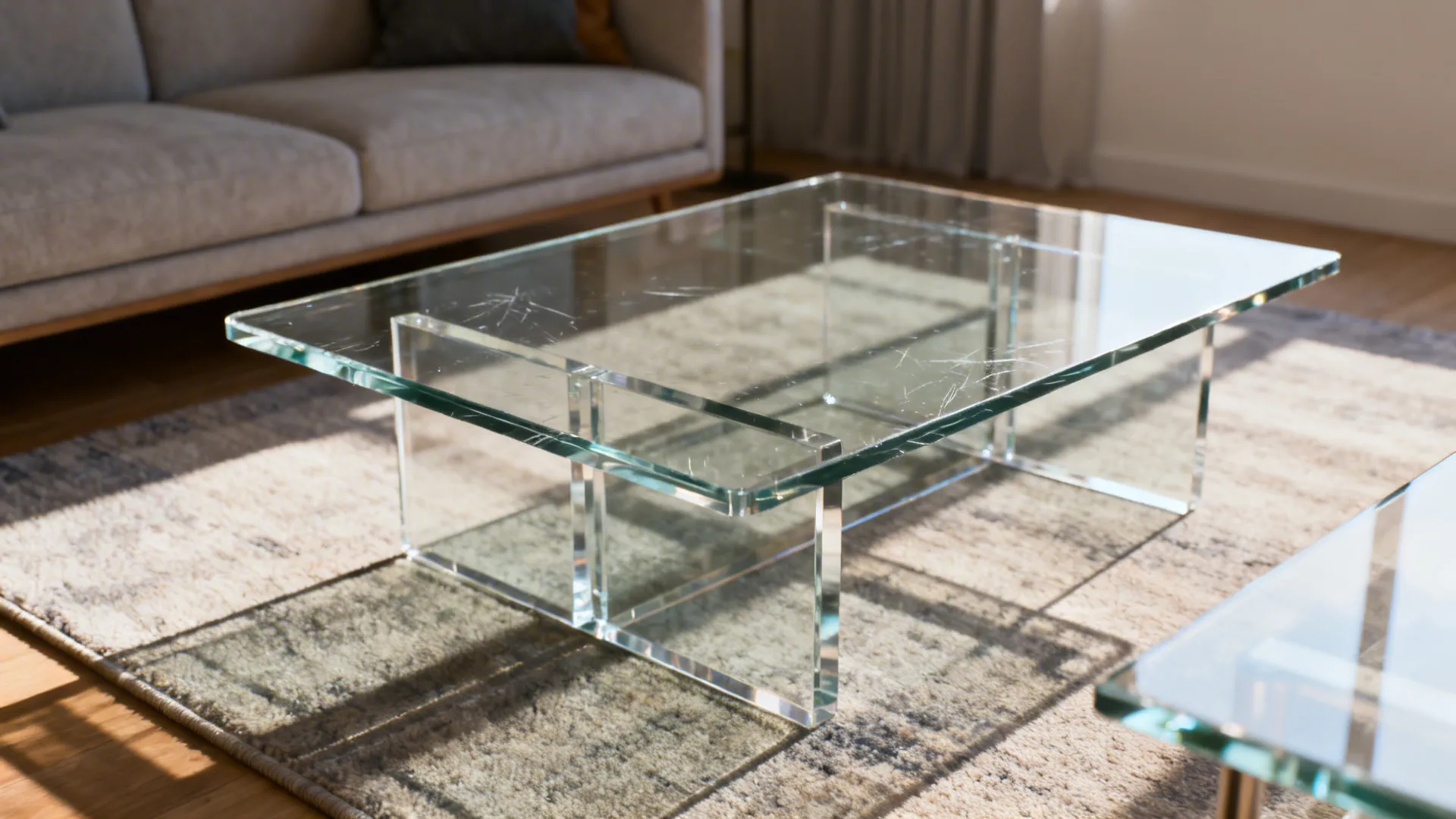 Transparent lucite and open-base glass coffee tables that keep a small living room feeling airy
