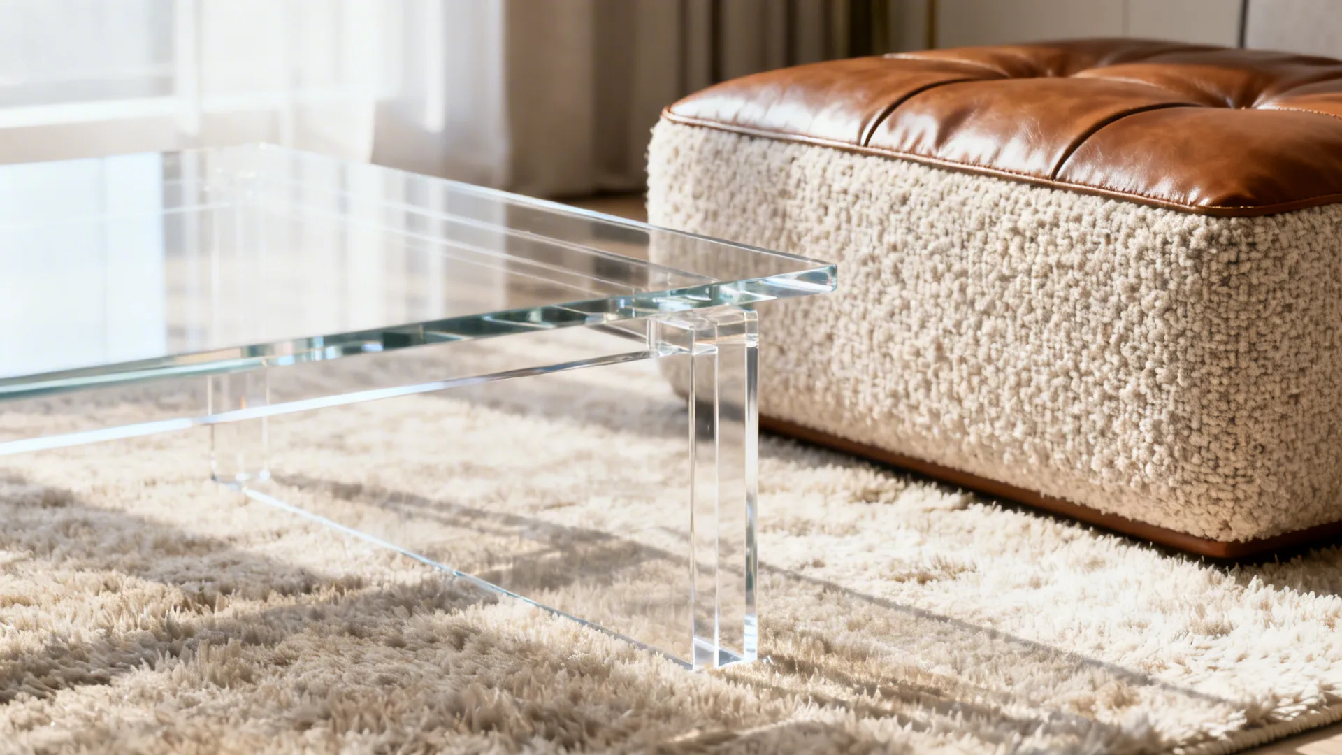 Transparent acrylic coffee table next to a textural bouclé ottoman creating an airy feel.