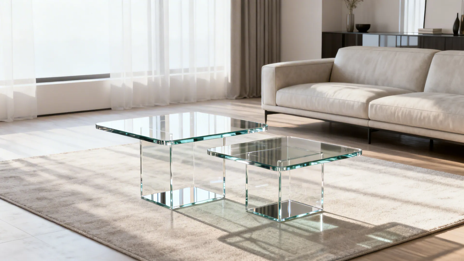 Compact living room with clear acrylic three-piece tables reducing visual weight