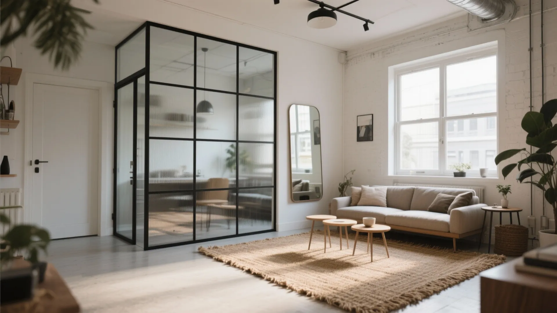 Transparent zoning with glass, mirrors, and rugs