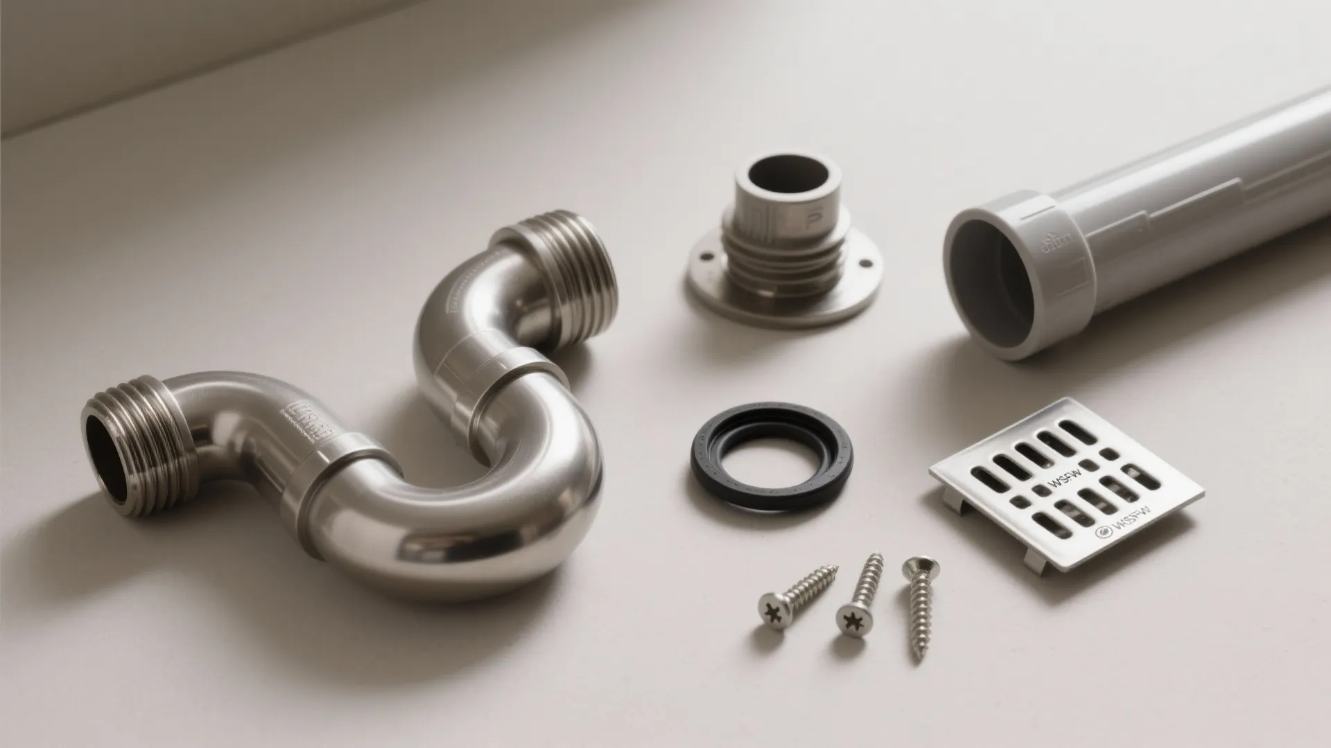 Top-down flat lay of P-trap, vent tee, cleanout, and drain grate components.