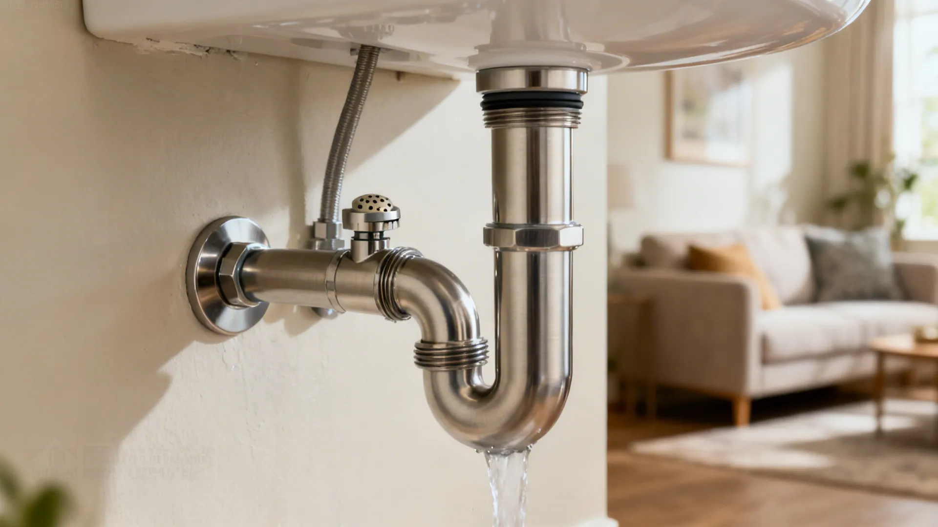 Macro of a brushed metal bottle trap with vent connection and aerated faucet stream.