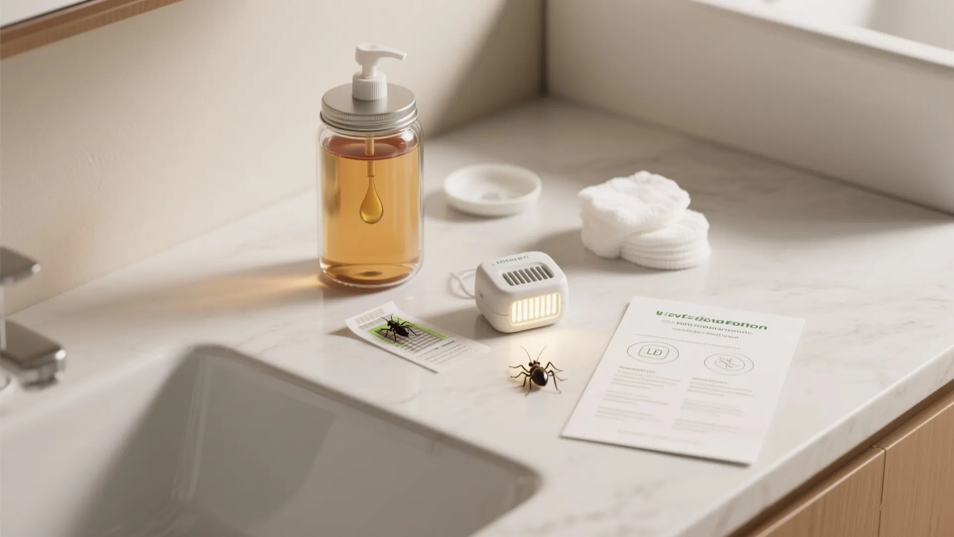 Marble bathroom counter with liquid soap bottle small white electronic device and insect pest traps