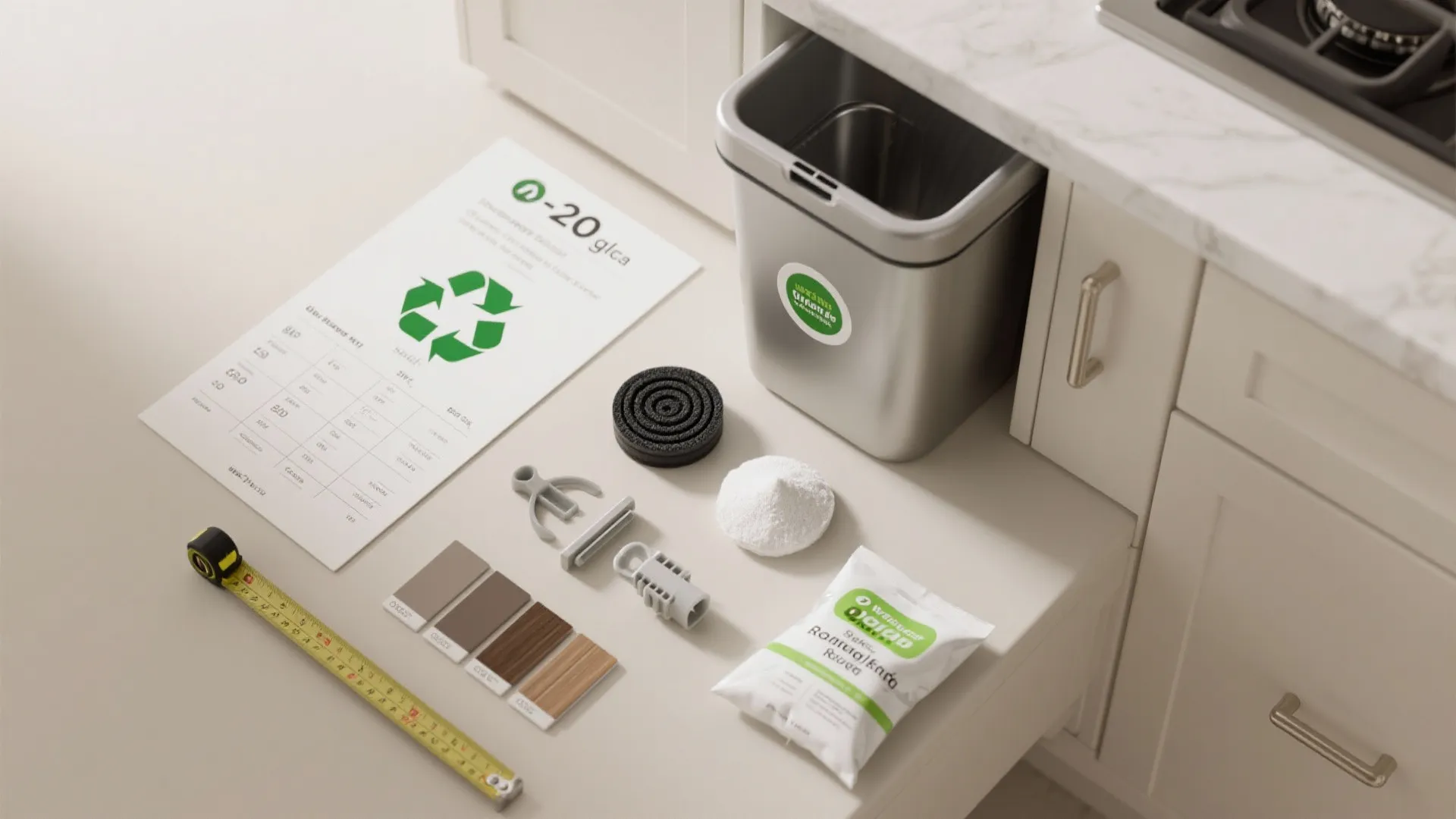 Flat lay of kitchen recycling guide paper measuring tape trash bin and various small cleaning tools