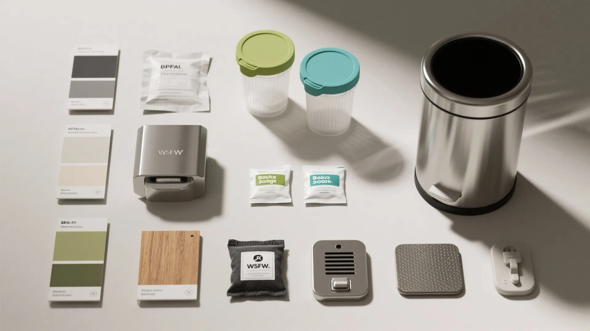 Flat lay of interior design materials featuring color palettes wood samples small containers and metal bin