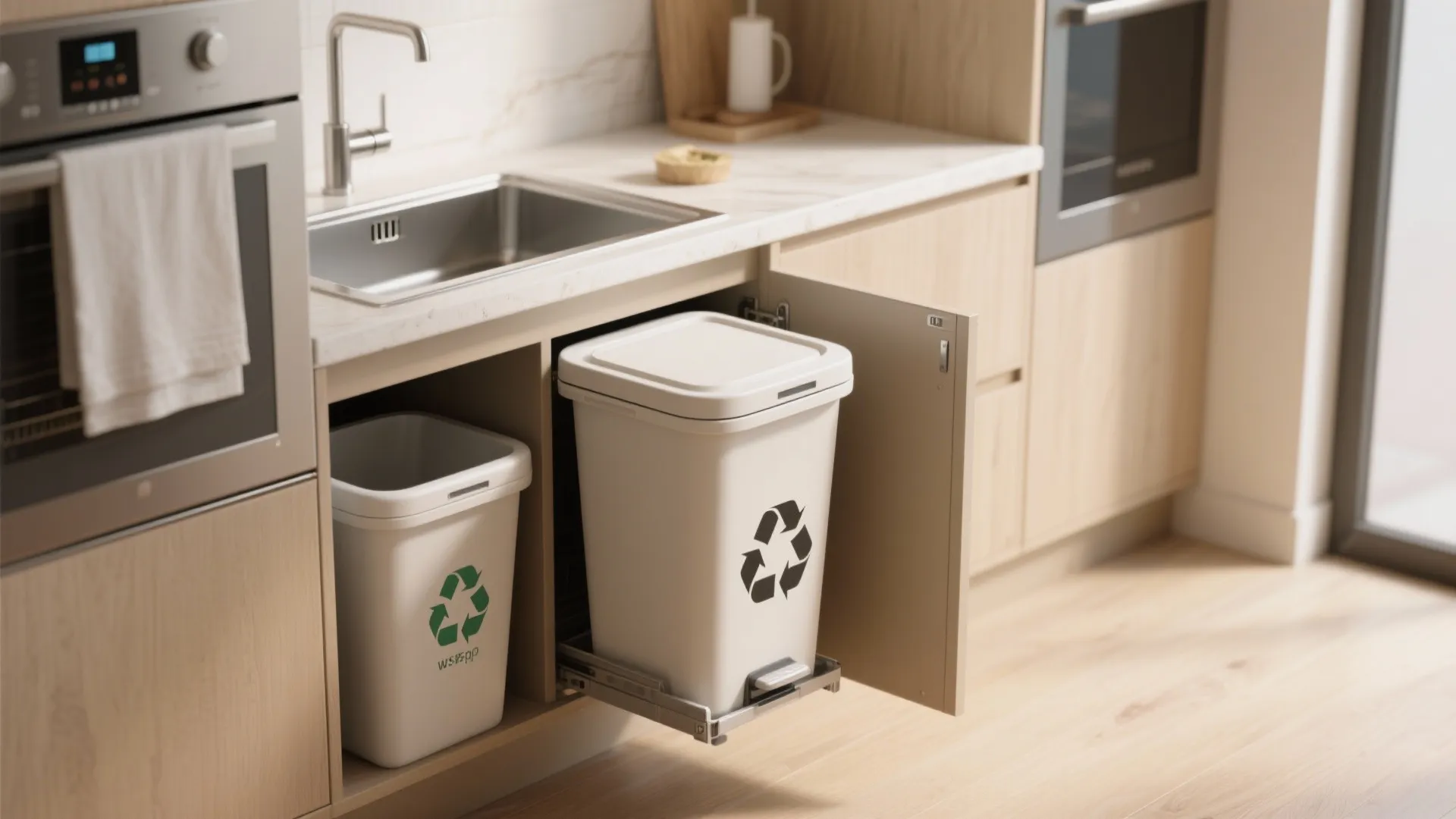 Modern kitchen cabinet with pull out trash cans for recycling and waste next to sink