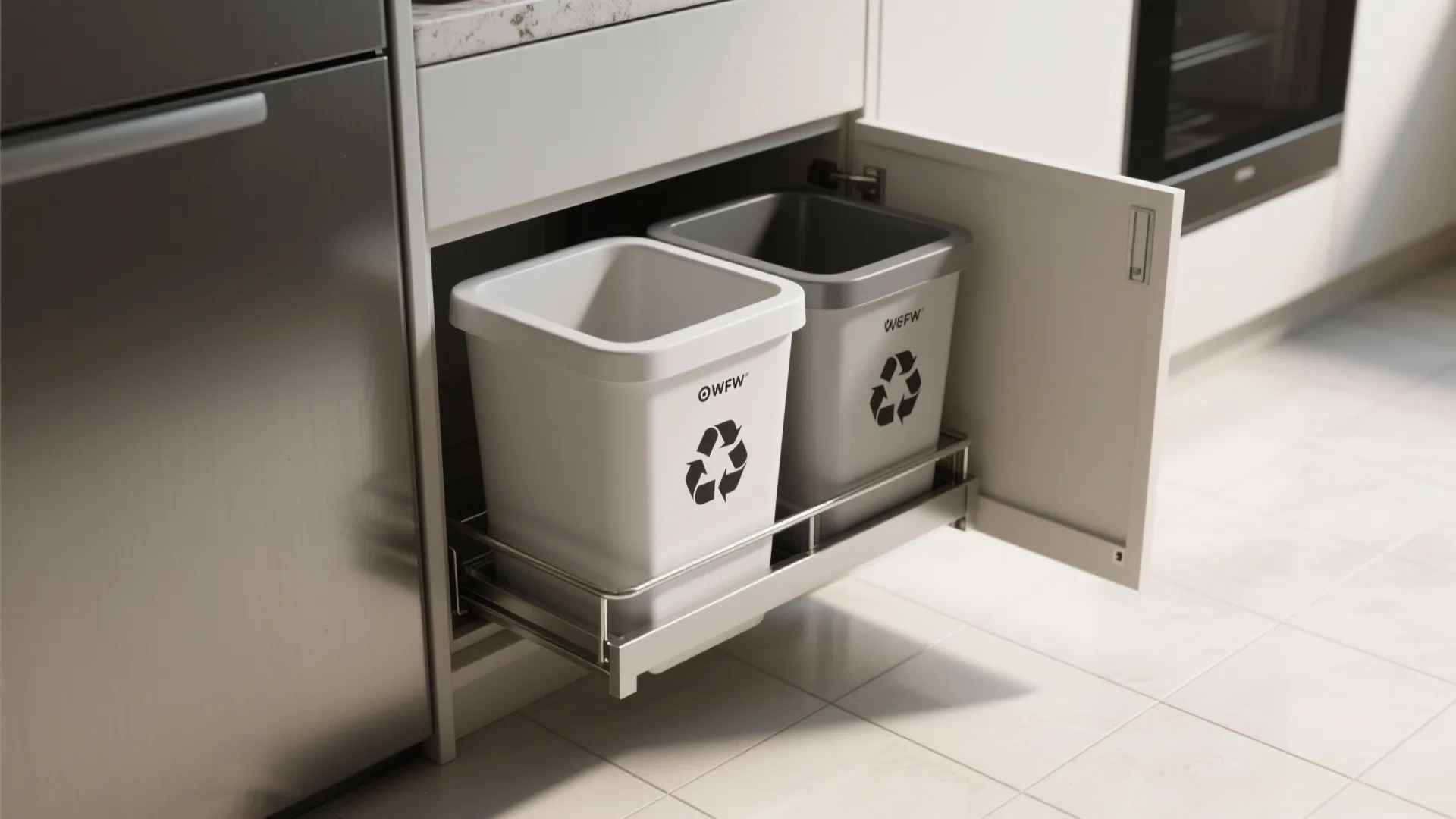 Pull out kitchen cabinet drawer with two recycling bins for waste management in a home