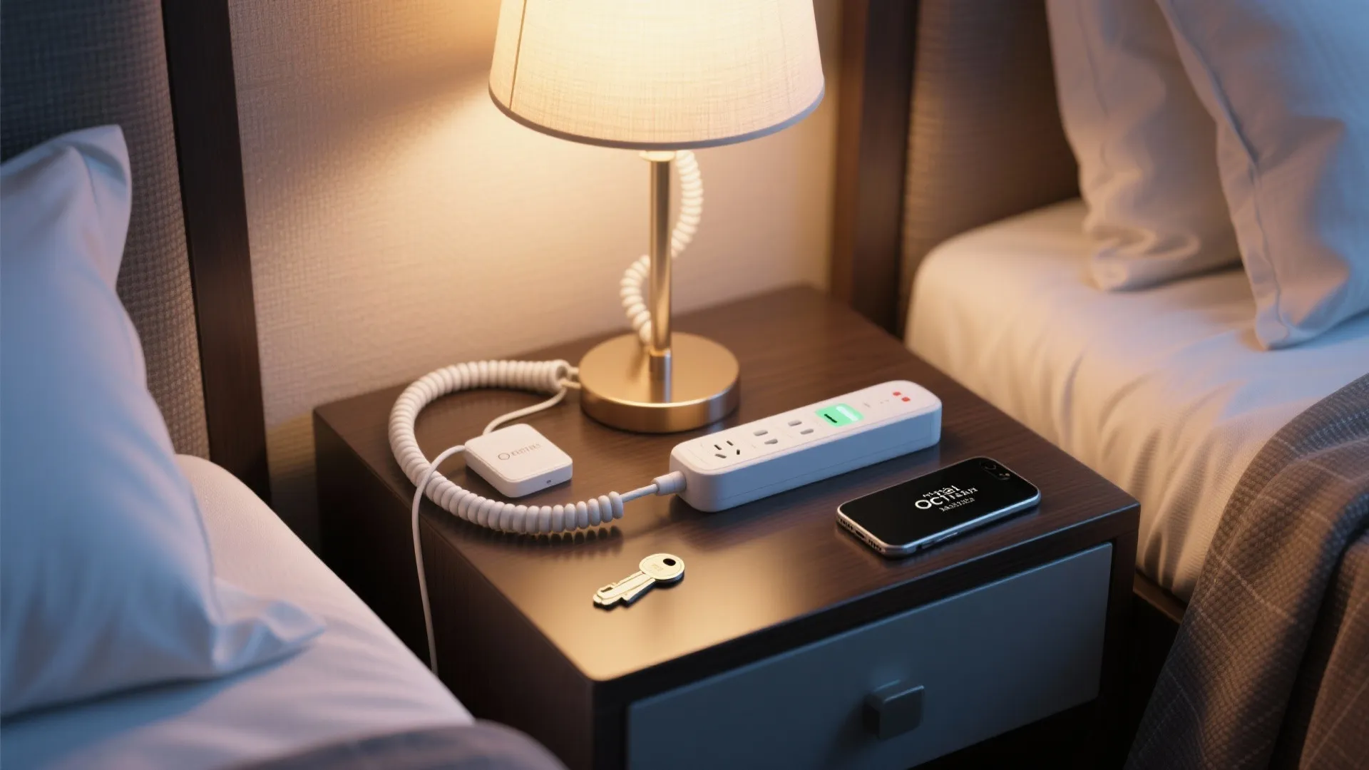 Soft LED light and flexible power strip on a hotel bedside table, practical travel essentials.
