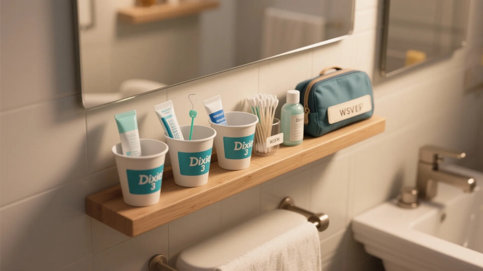 Wooden shelf in a bathroom holding small cups with toothbrushes and a blue travel bag