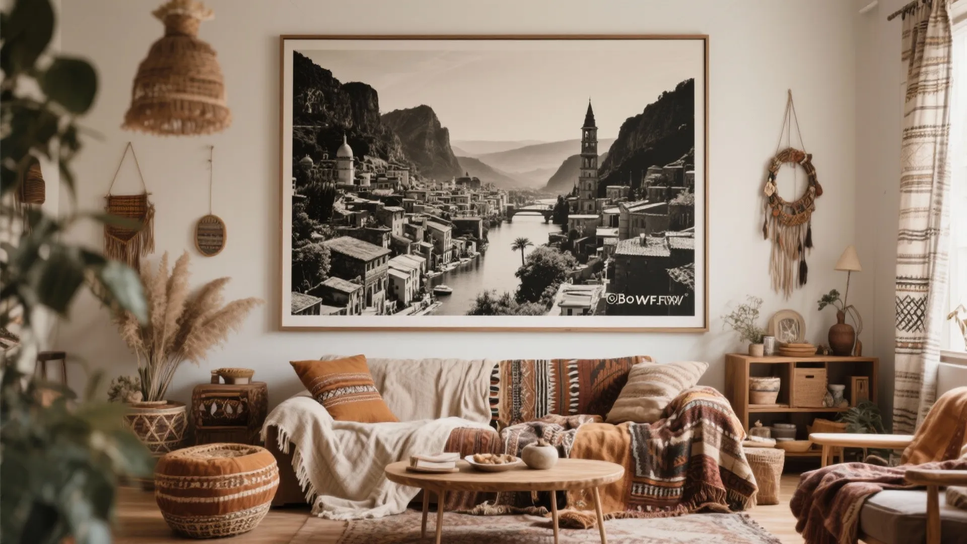 Boho living room with large black-and-white travel photo on canvas