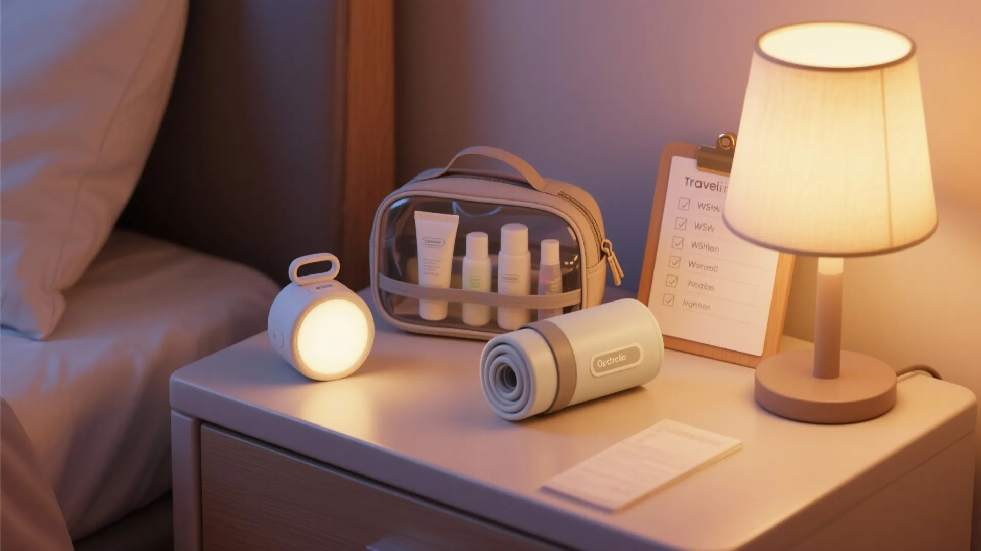 Compact nightlight and travel items on a bedside table for easy packing and family comfort.
