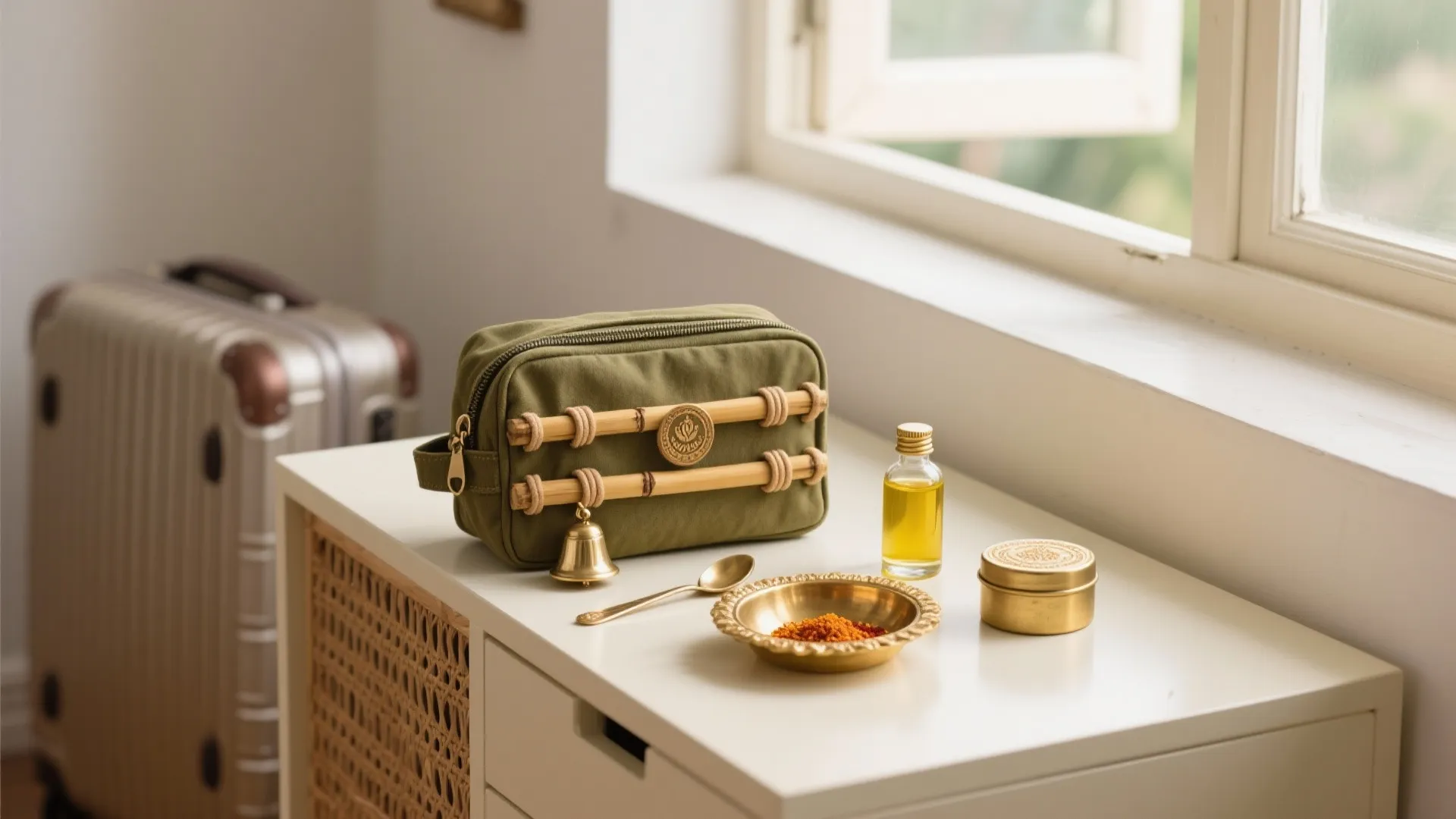 Foldable waxed-canvas pooja kit with cane accents and brass tray arranged on a console in daylight.
