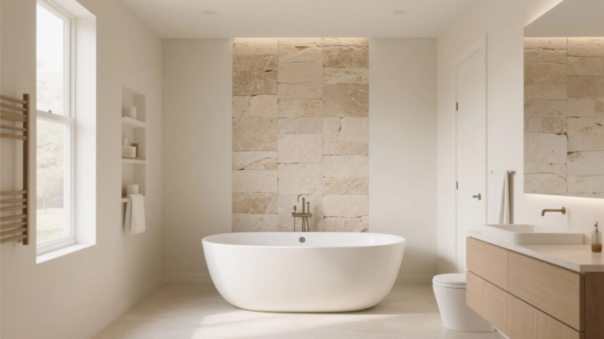 Modern bathroom with white bathtub stone accent wall wooden cabinet large window and soft natural lighting