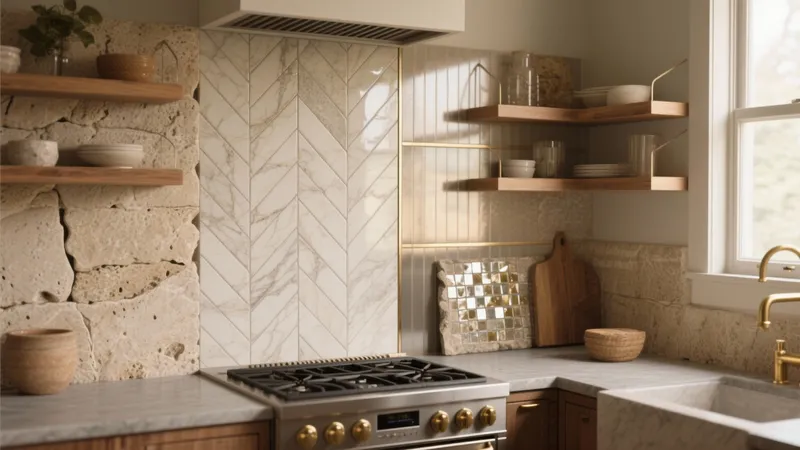 Rustic Modern Kitchen with Marble Herringbone Backsplash