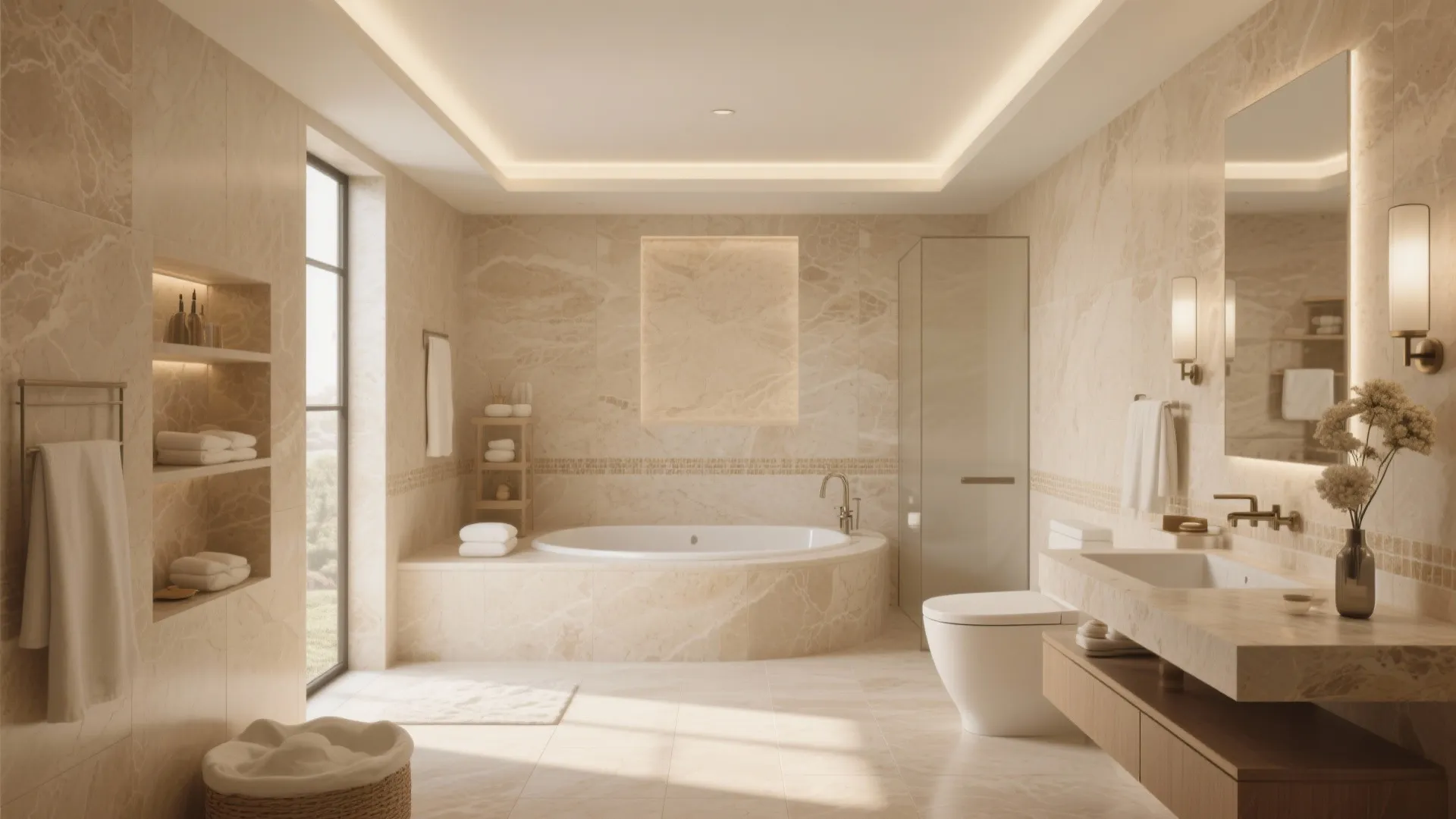 Modern beige stone bathroom featuring round bathtub white toilet sink cabinet mirror and warm lighting