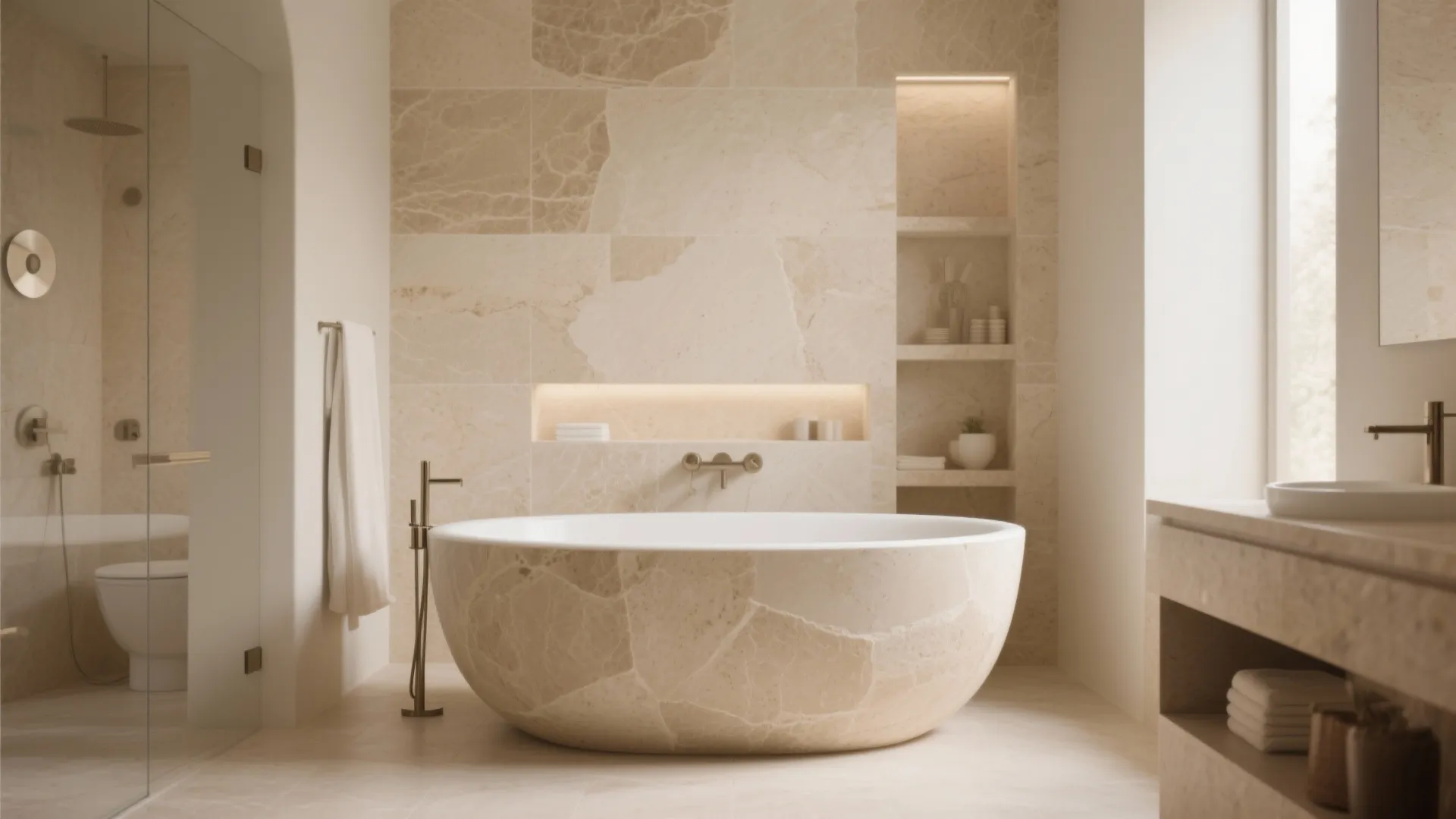 Luxury stone bathtub in a beige bathroom with recessed wall shelves mirror and bright glass shower