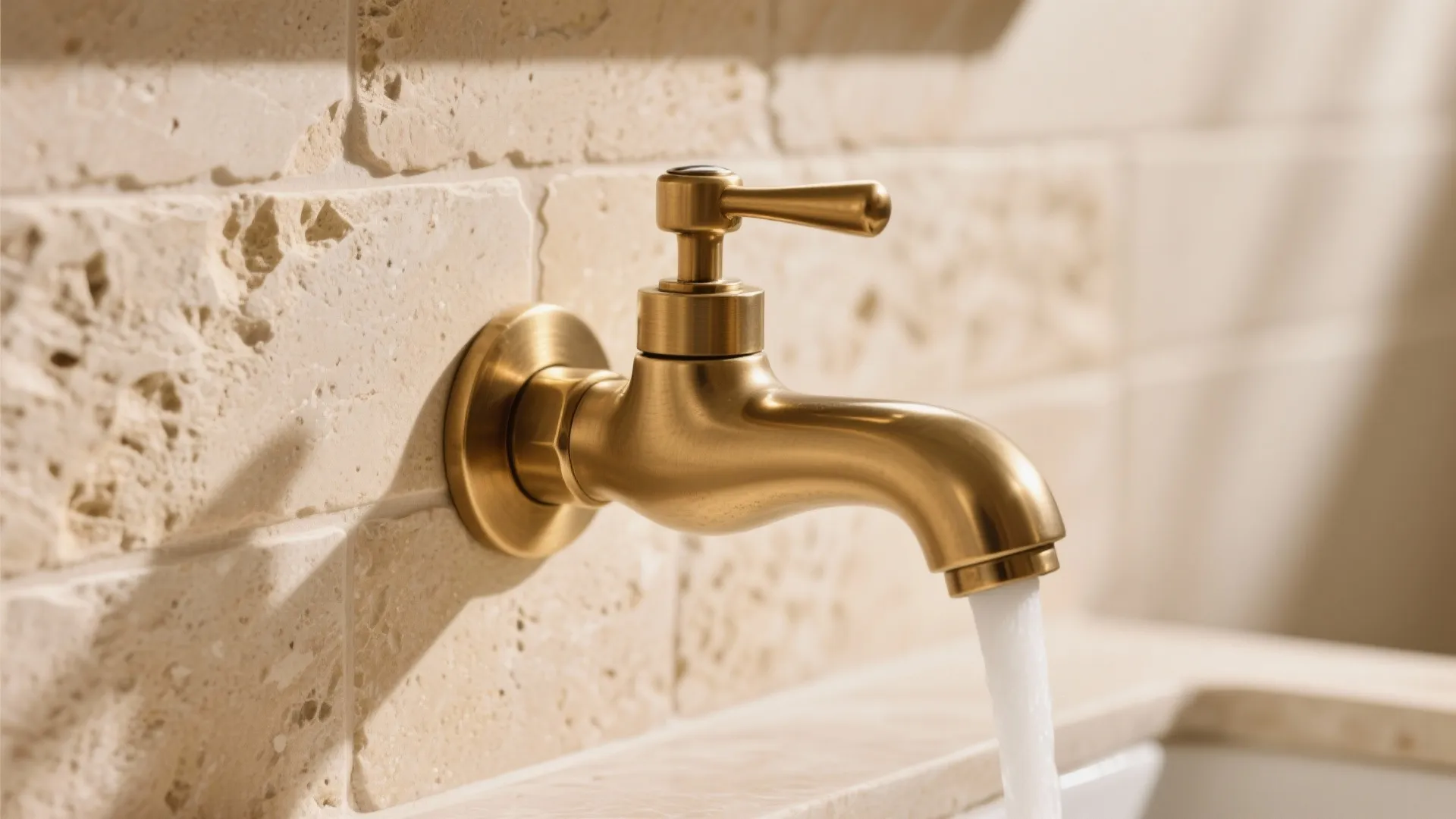 Close up of gold water tap on stone wall with running water in bright sunlight