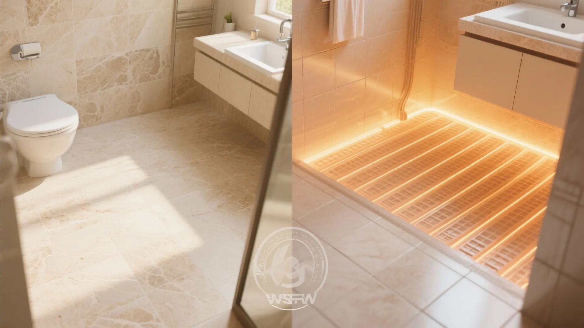 Side by side comparison of a finished bathroom floor and the glowing orange floor heating