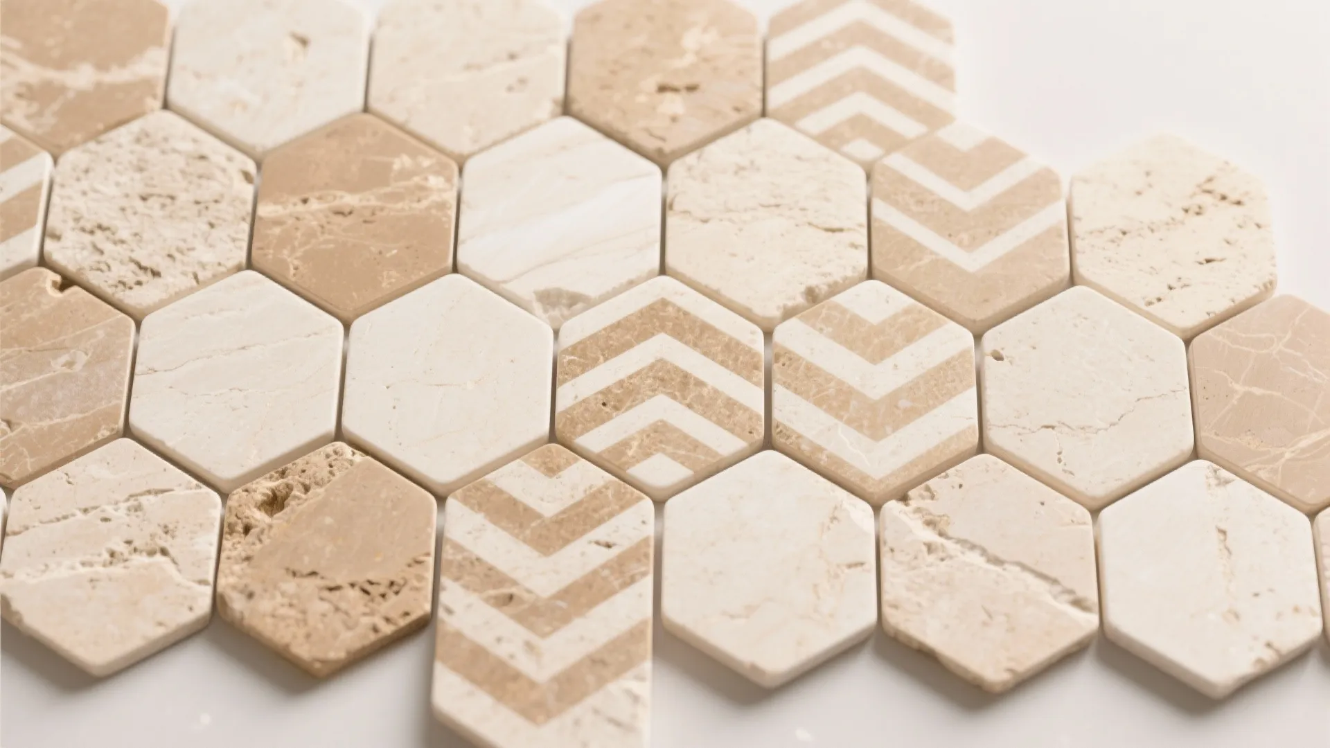 Hexagonal stone tiles in light beige colors featuring plain surfaces and white striped arrow patterns