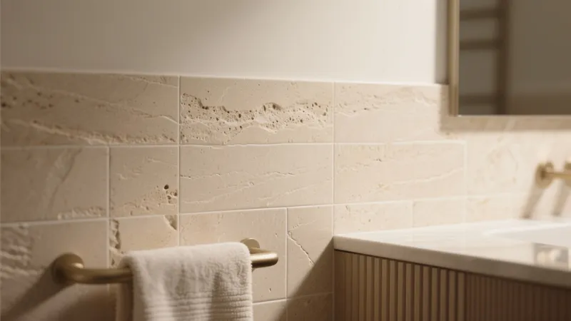 Modern Bathroom Design with Travertine Tiles & Warm Tones
